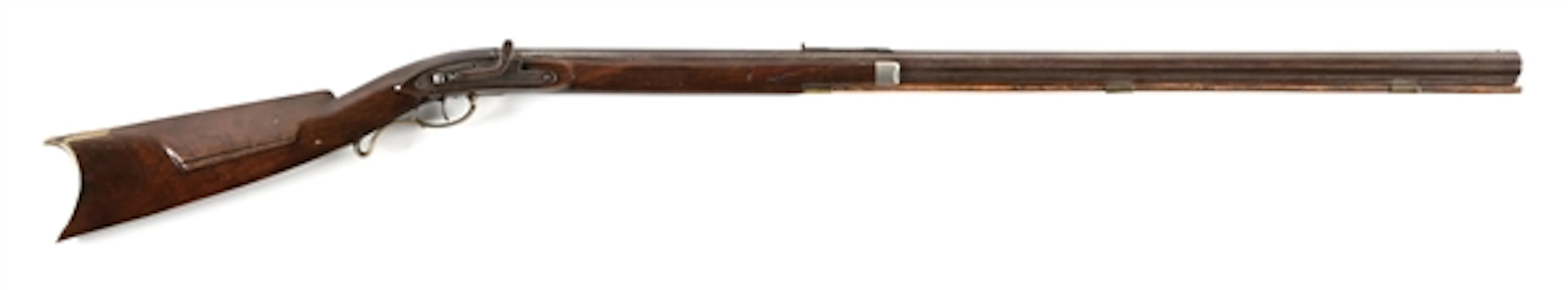 (A) HALF STOCK MULE EAR PERCUSSION RIFLE.