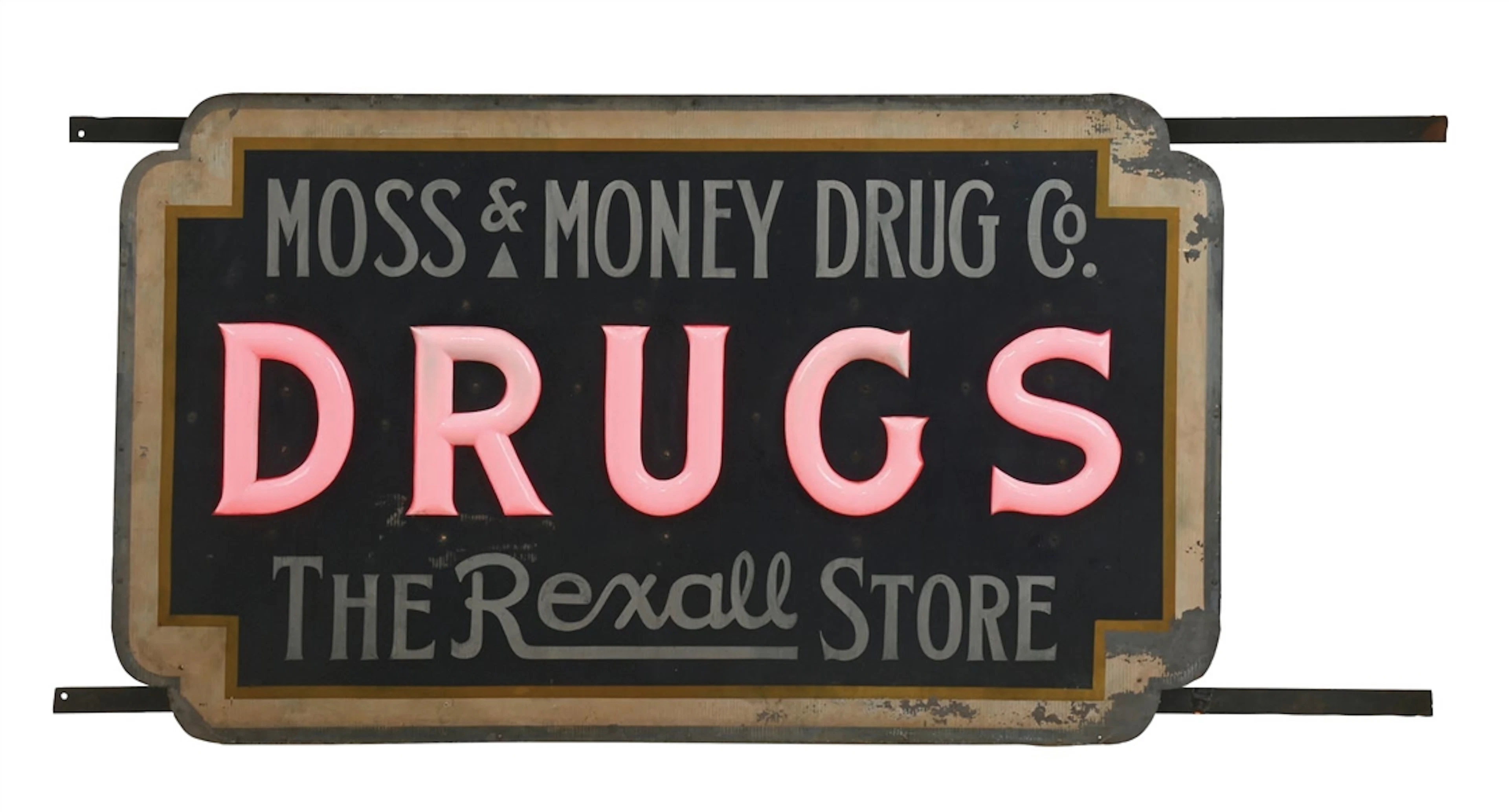 RARE MOSS & MONEY DRUGS RIPPLE LIGHT-UP TIN & MILK GLASS COMPLETE SIGN