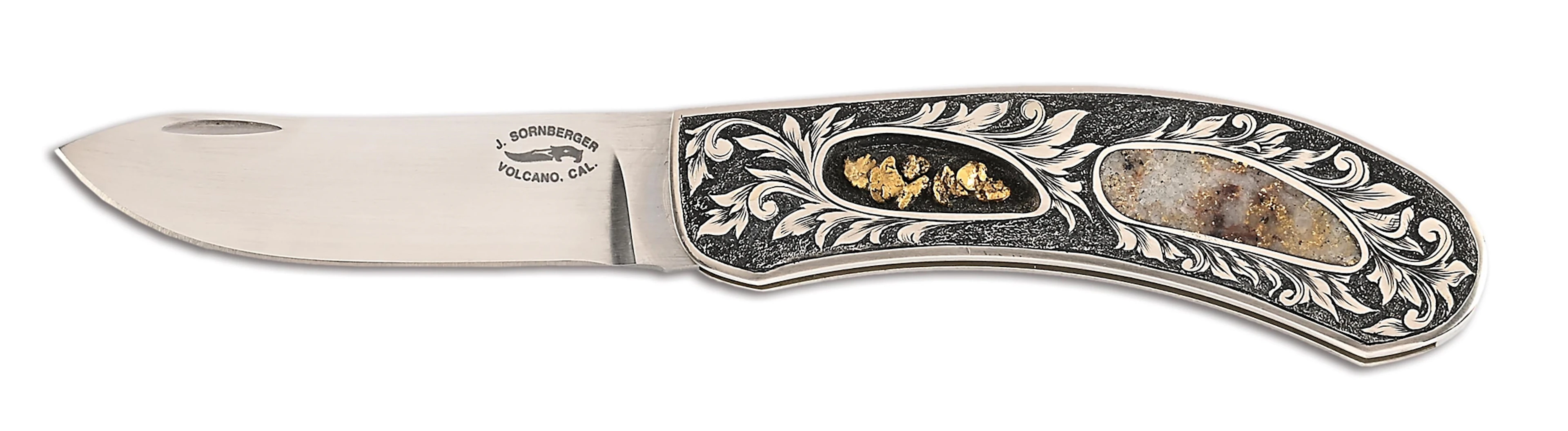 JIM SORNBERGER CUSTOM LOCKBACK KNIFE WITH GOLD QUARTZ AND GOLD NUGGETS.