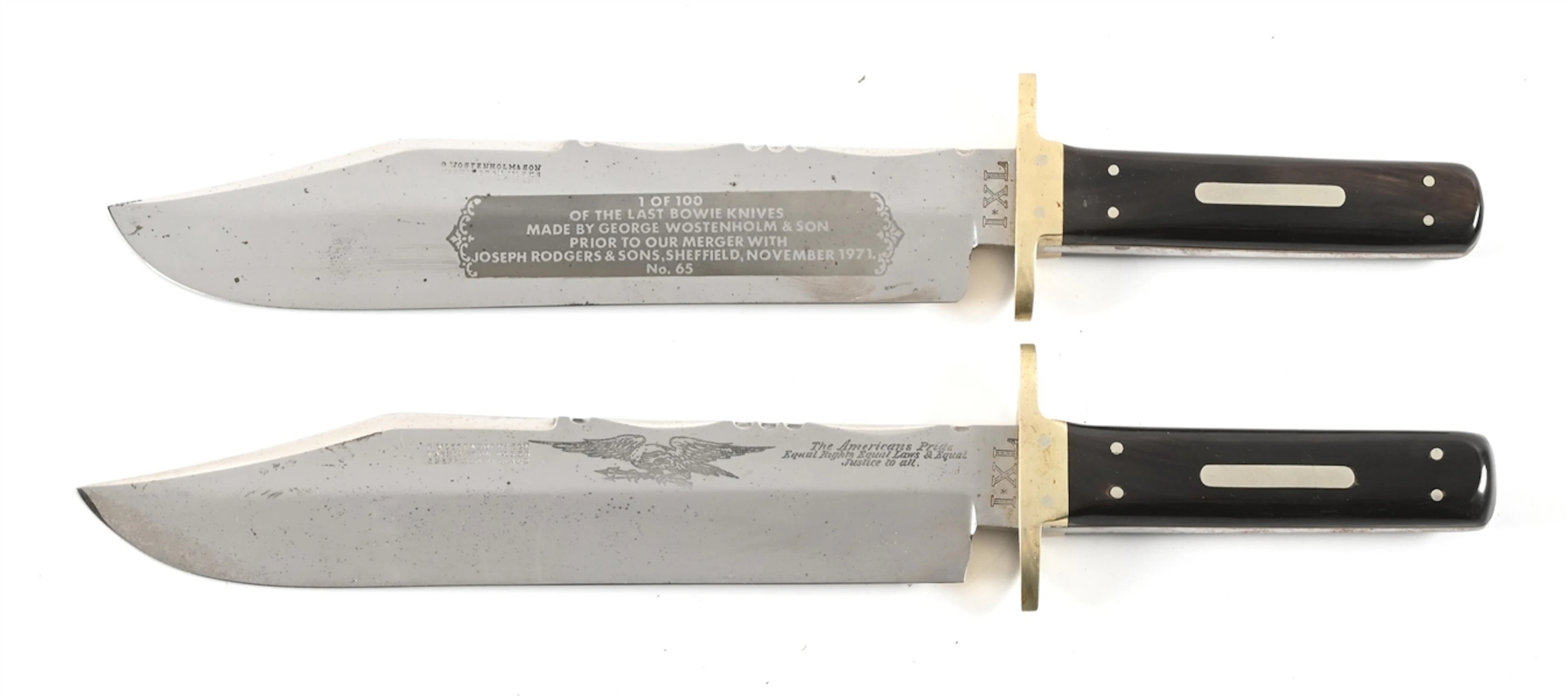 LOT OF 2: GEORGE WOSTENHOLM COMMEMORATIVE BOWIE KNIVES.