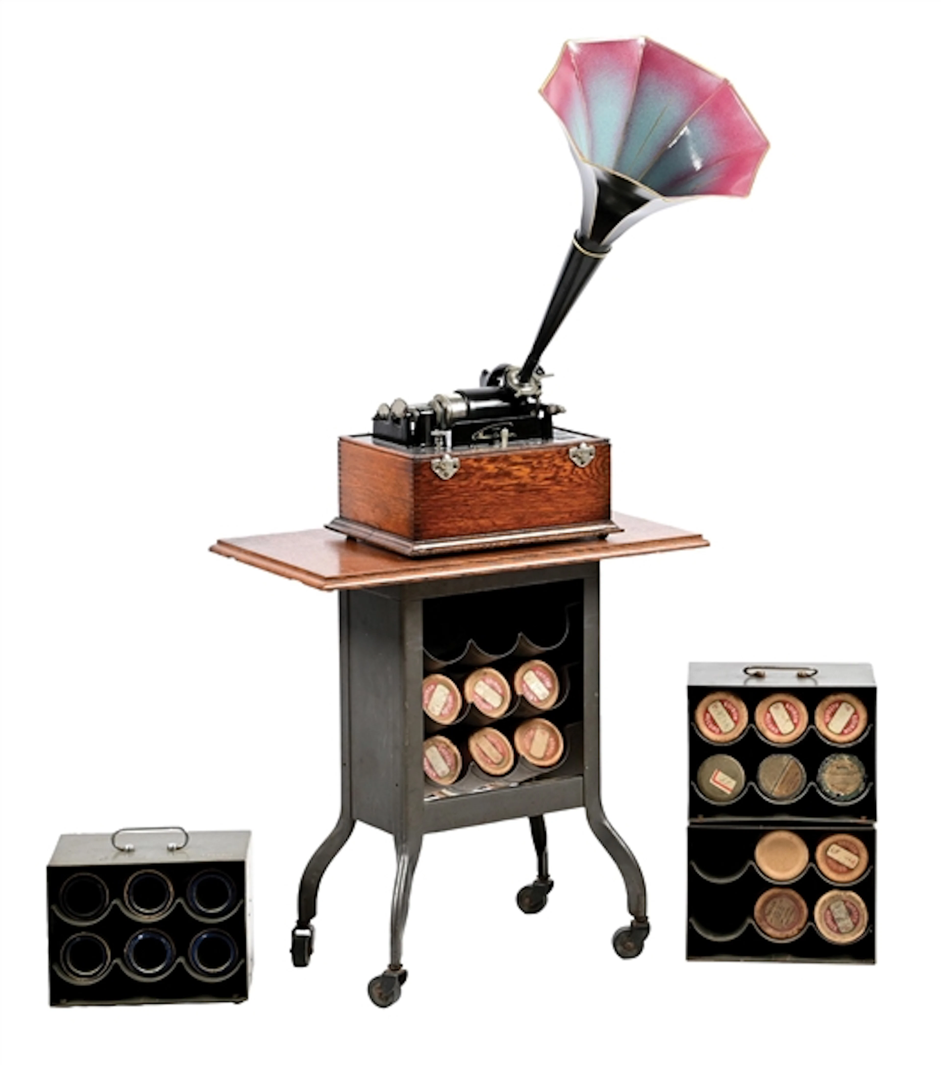EDISON CYLINDER PHONOGRAPH ON STAND W/ ADDITIONAL CYLINDER CASES