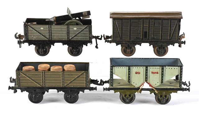 LOT OF 4: BING GAUGE 1 TIN HOPPER, BOX AND GONDOLA CARS WITH BARRELS & CANNON