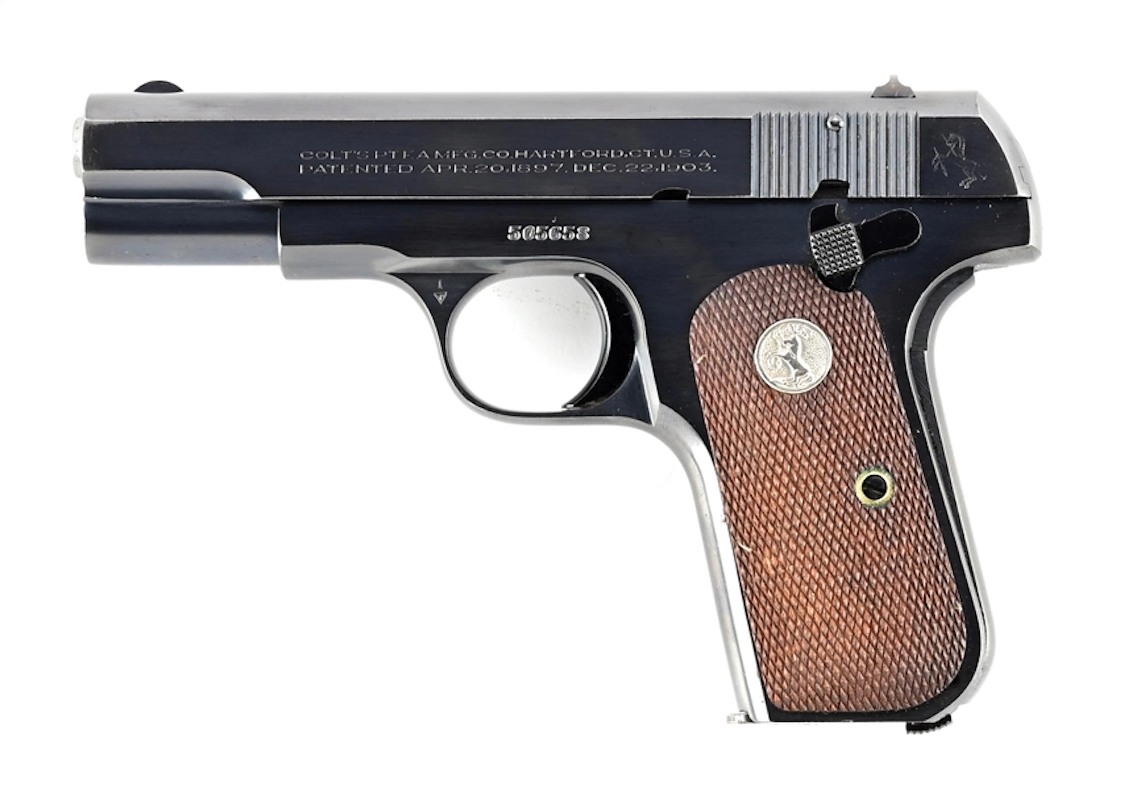 (C) COLT 1903 POCKET HAMMERLESS SEMI AUTOMATIC PISTOL (1931).