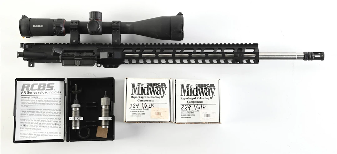 AR-15 UPPER IN .224 VALKYRIE WITH RELOADING DIES AND BRASS.