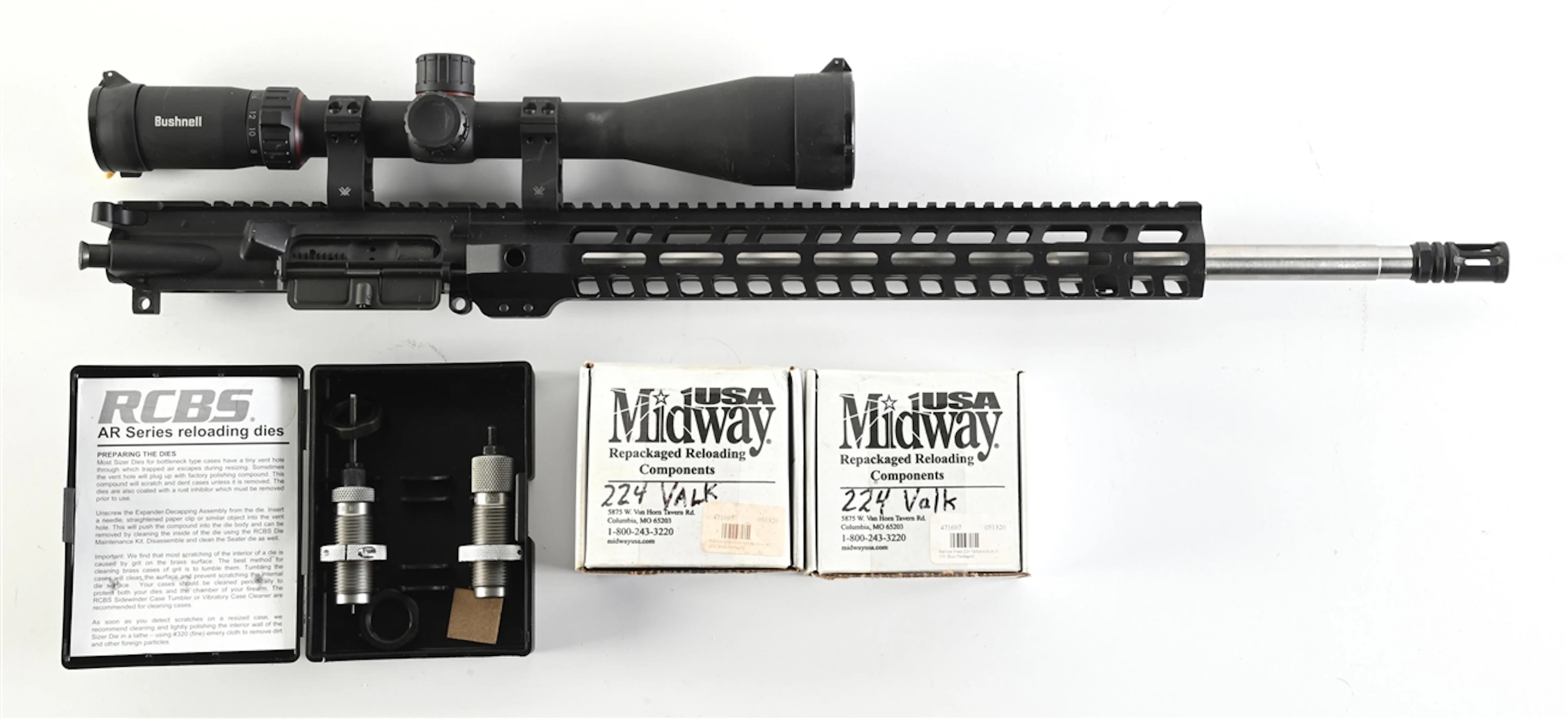 AR-15 UPPER IN .224 VALKYRIE WITH RELOADING DIES AND BRASS.