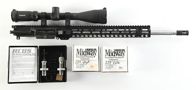 AR-15 UPPER IN .224 VALKYRIE WITH RELOADING DIES AND BRASS.