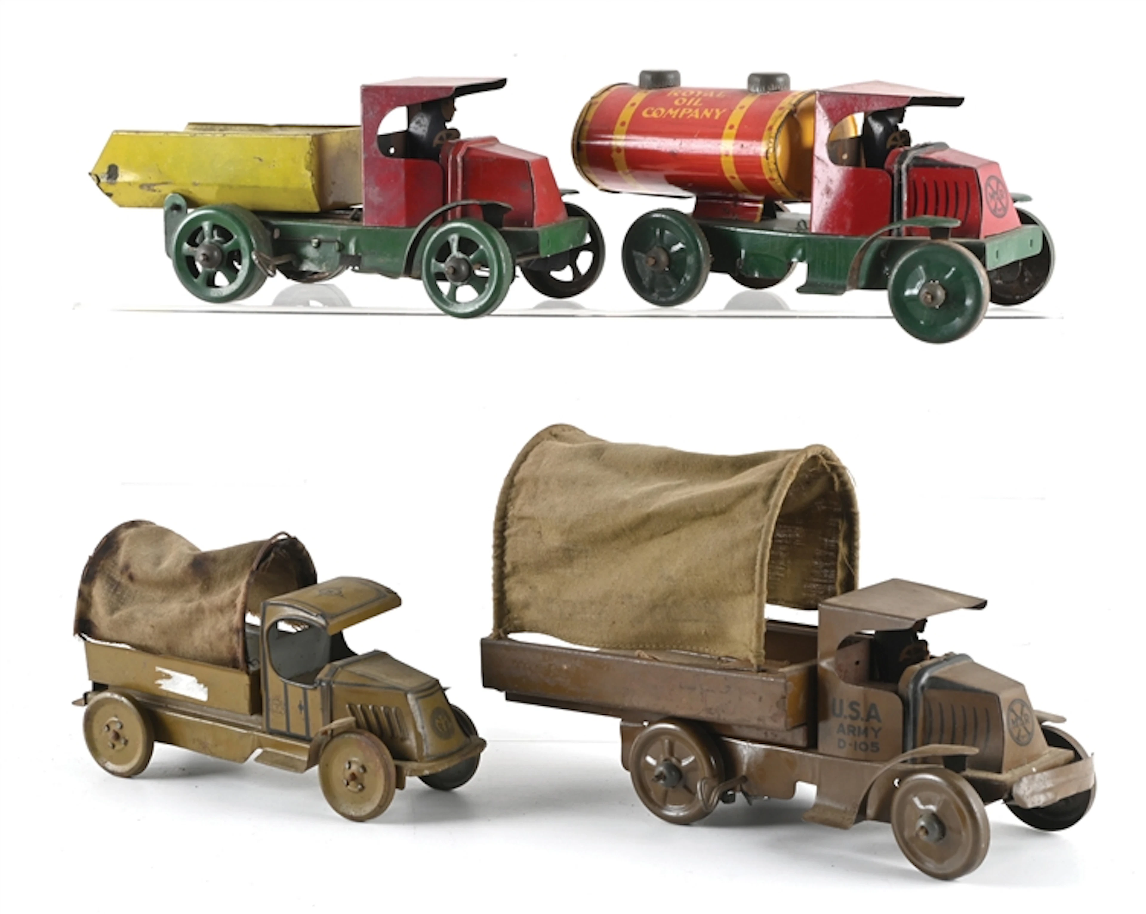 LOT OF 4: VINTAGE U.S.A. ARMY, ROYAL OIL CO. TANKER & DUMP TIN WIND UP TRUCKS