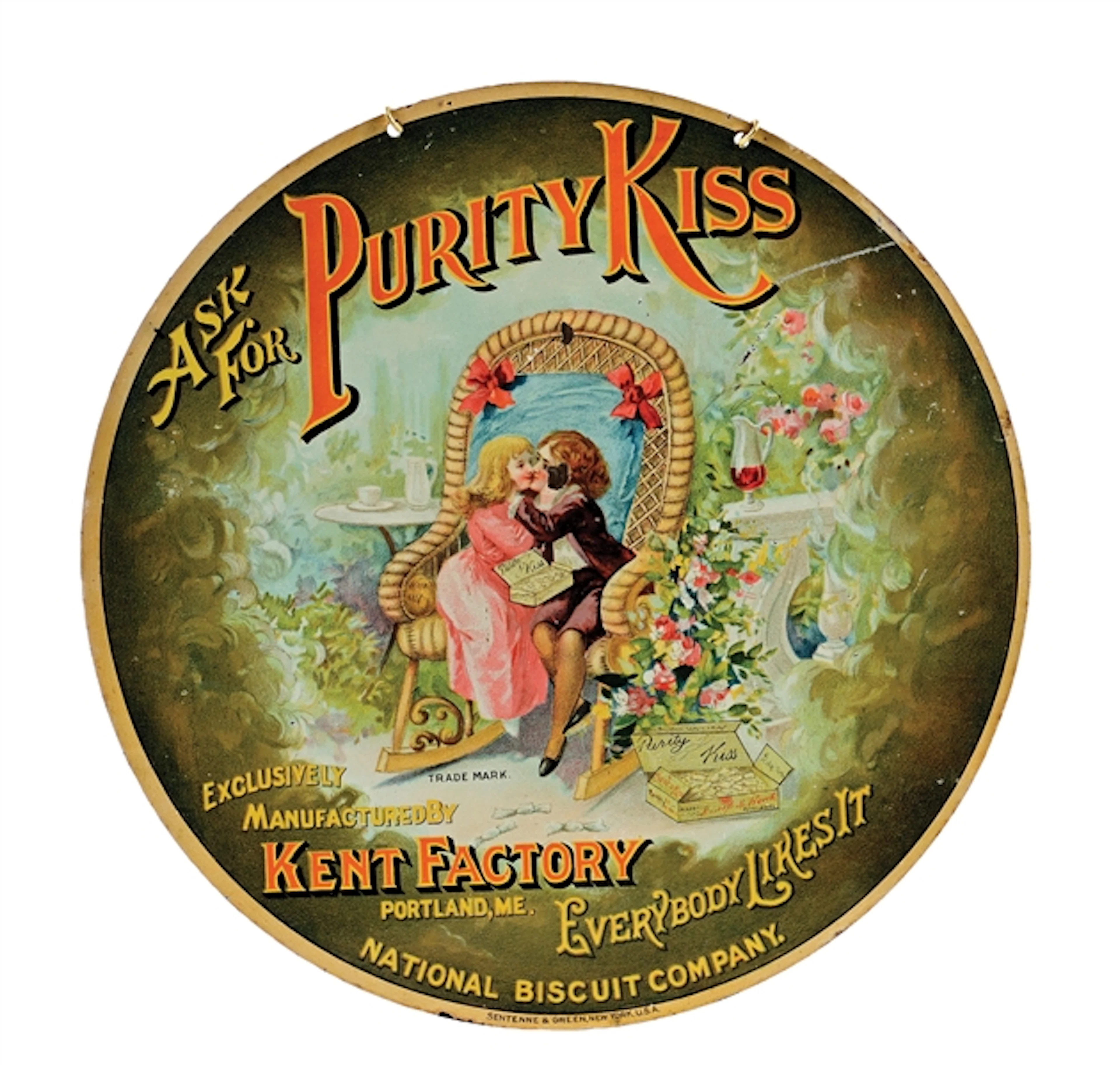 ASK FOR PURITY KISS TIN LITHO SIGN W/ HANGING CHAIN.