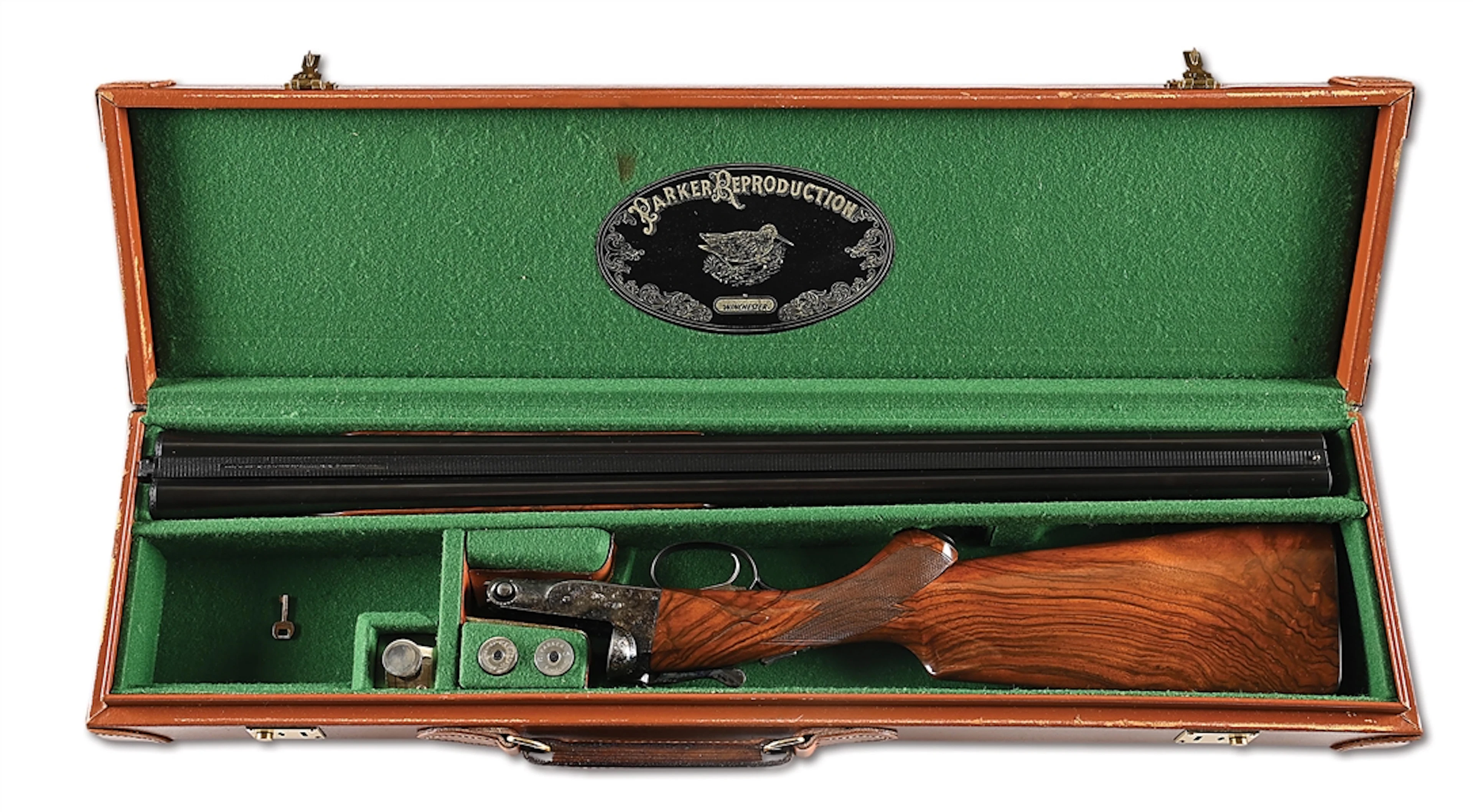 (M) PARKER REPRODUCTIONS DHE 12 BORE SIDE BY SIDE SHOTGUN WITH CASE.
