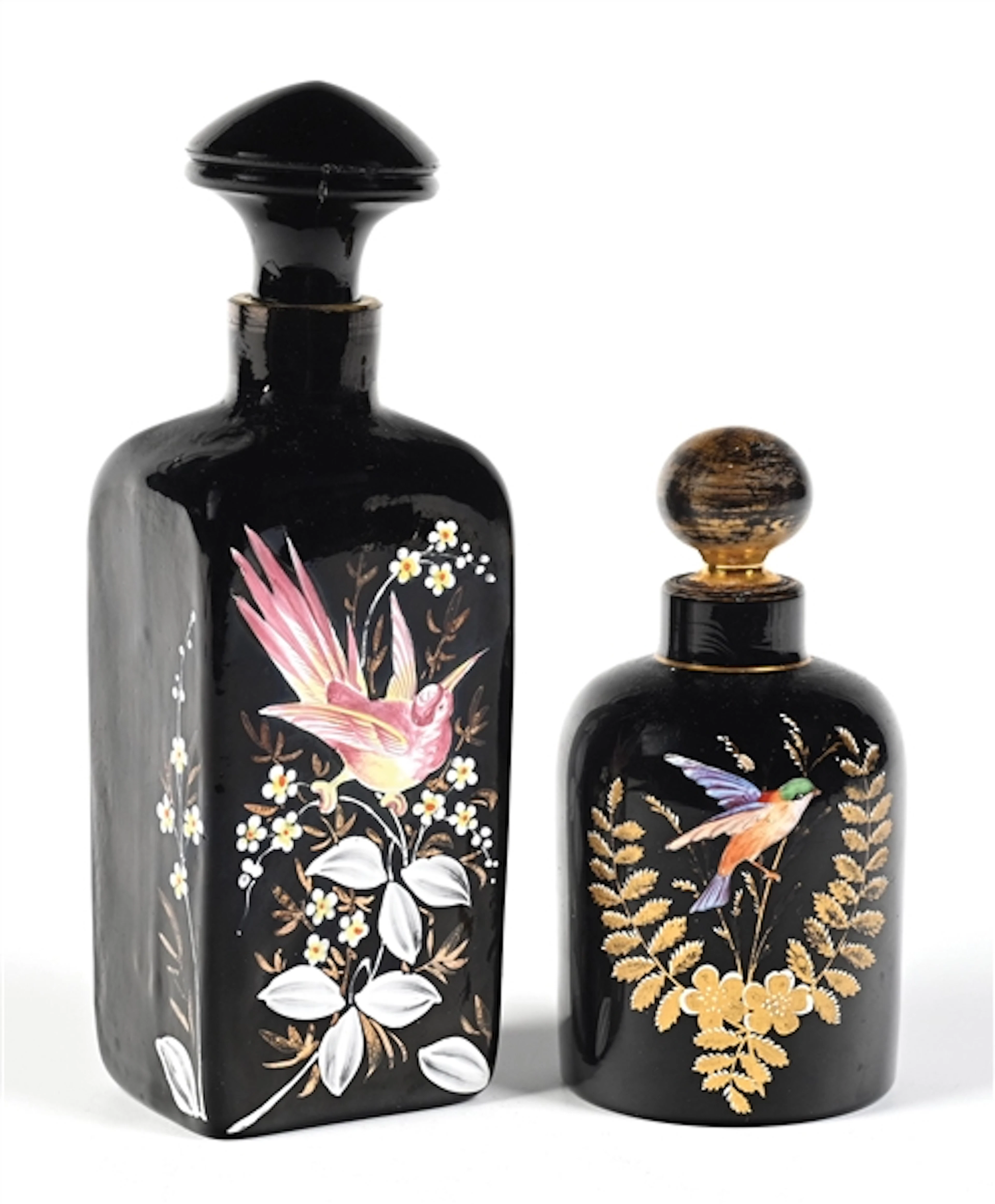 LOT OF 2: BLACK HAND-PAINTED BIRD MOTIF PERFUME BOTTLES