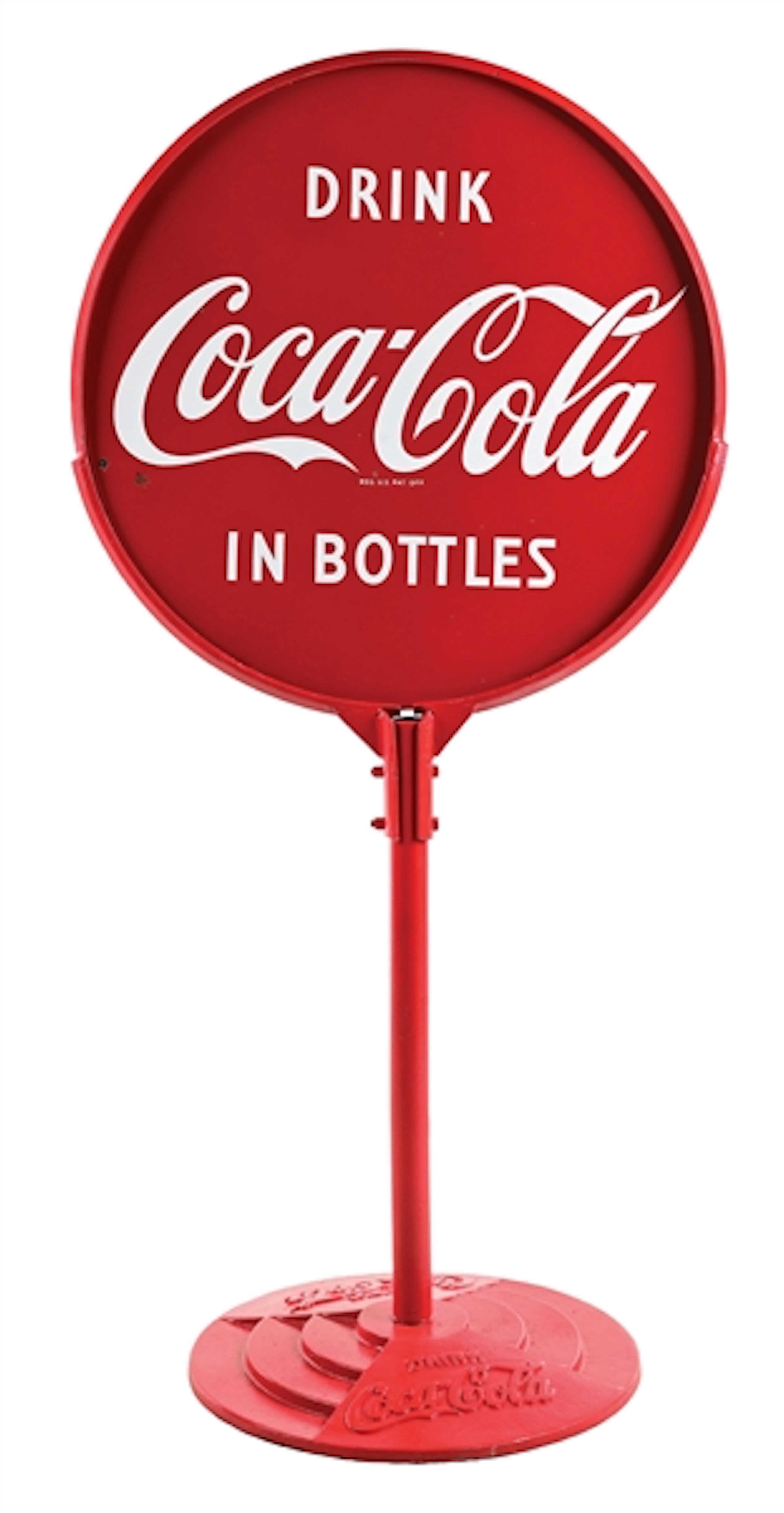DRINK COCA-COLA IN BOTTLES PORCELAIN LOLLIPOP SIGN WITH ORIGINAL CAST IRON BASE
