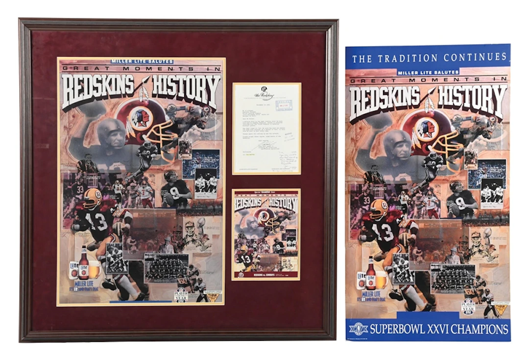 LOT OF 6: 1991 WASHINGTON REDSKINS FRAMED PROMO POSTER, PROGRAM & LETTER