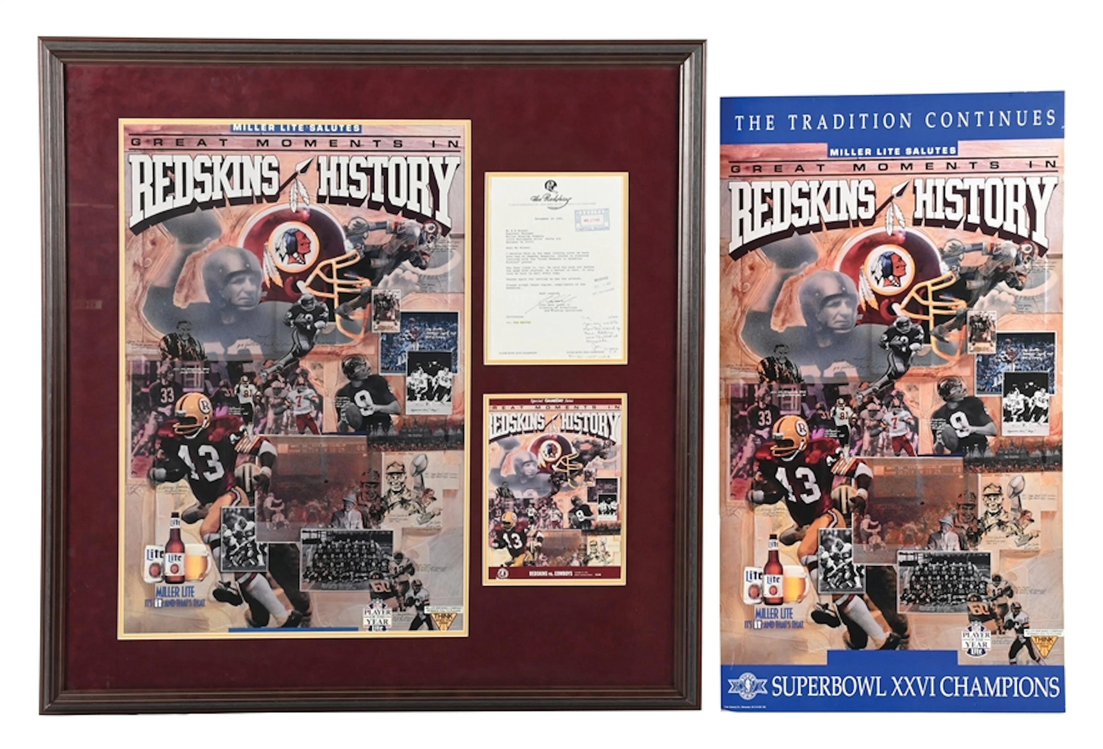 LOT OF 6: 1991 WASHINGTON REDSKINS FRAMED PROMO POSTER, PROGRAM & LETTER