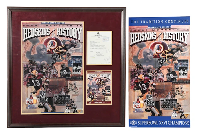 LOT OF 6: 1991 WASHINGTON REDSKINS FRAMED PROMO POSTER, PROGRAM & LETTER