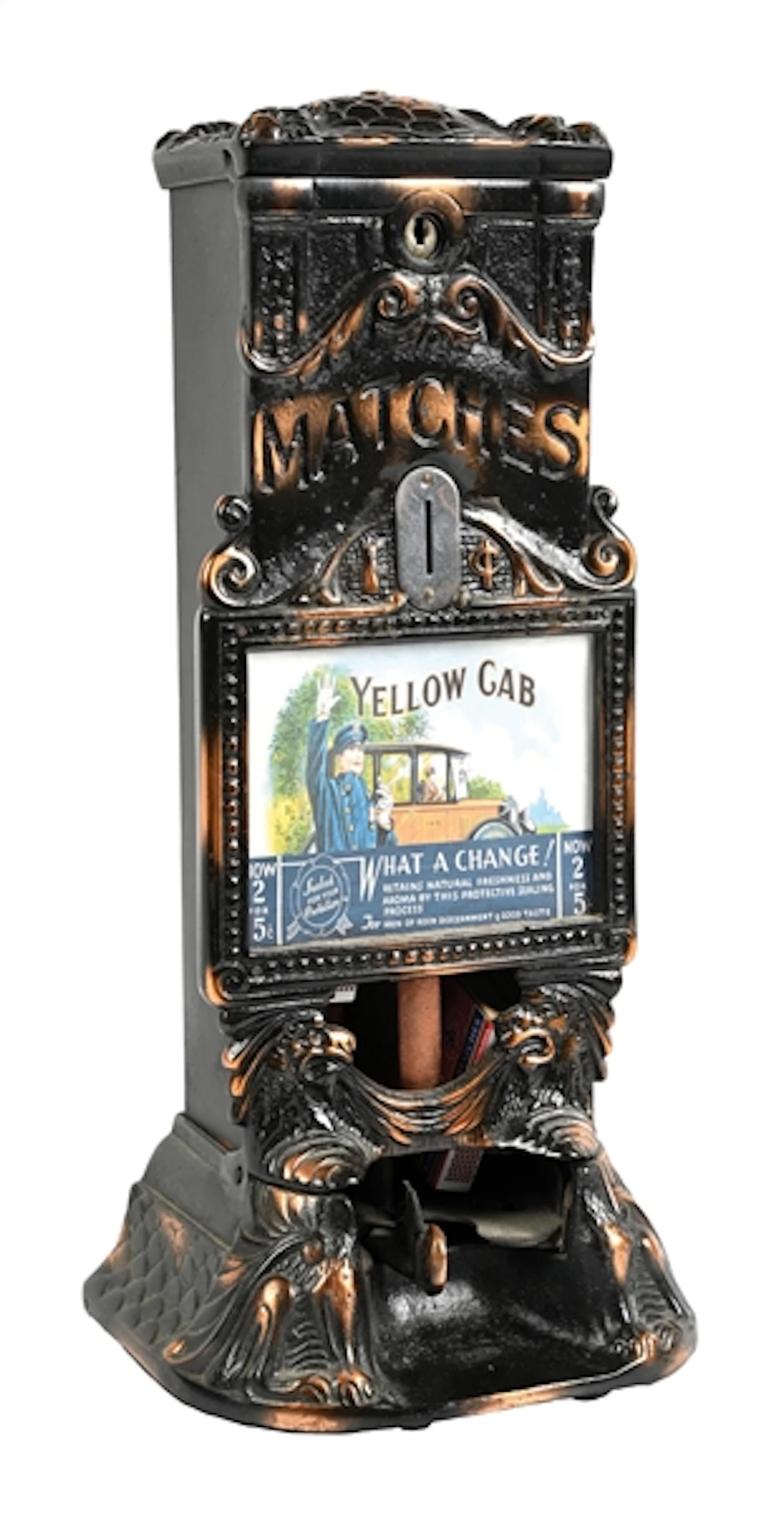KREMA MFG. CO. ONE CENT ADVERTISER MATCH VENDING MACHINE AND YELLOW
