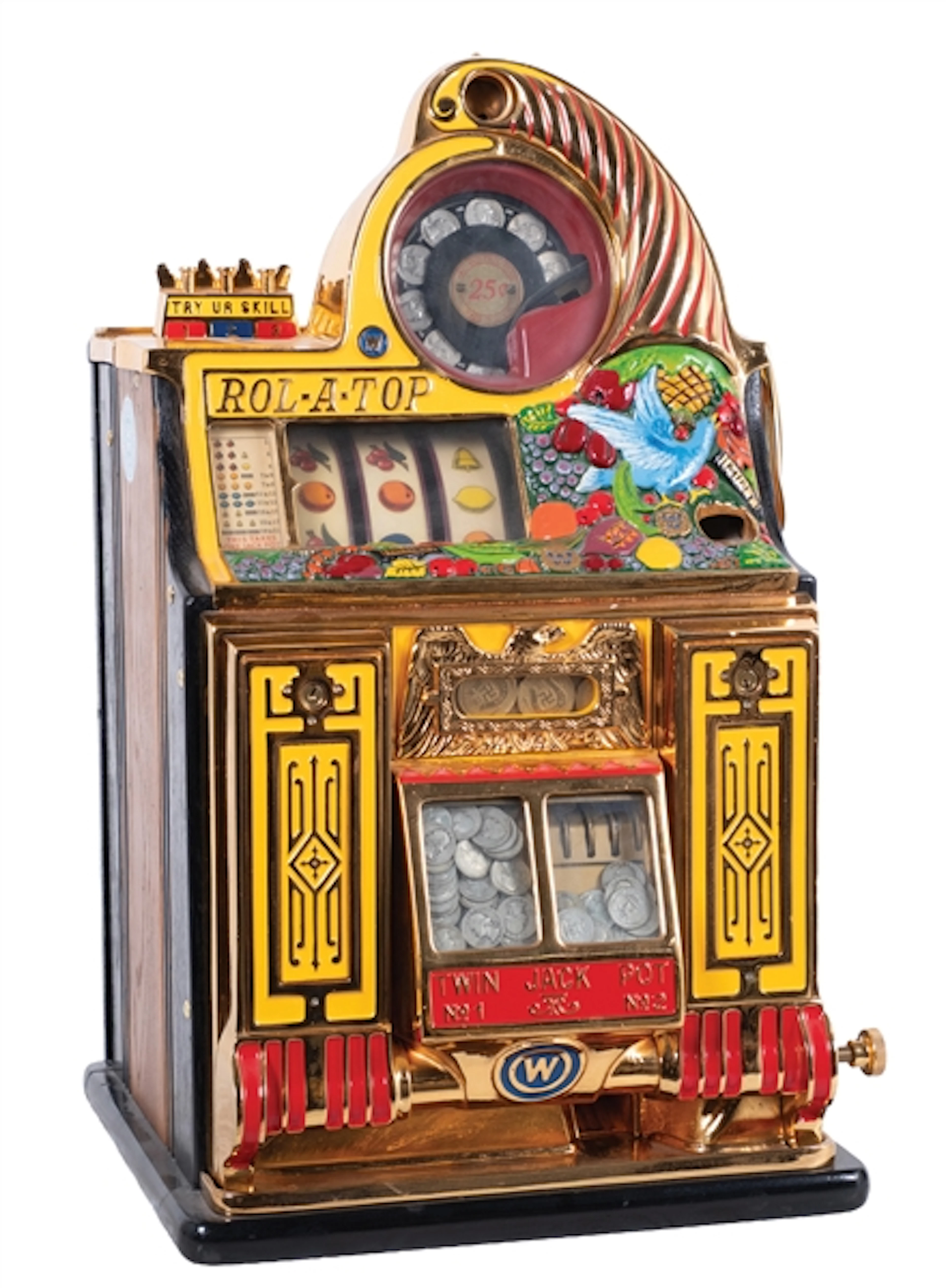 25¢ WATLING ROL-A TOP "BIRD OF PARADISE" SLOT MACHINE WITH SIDE VENDOR