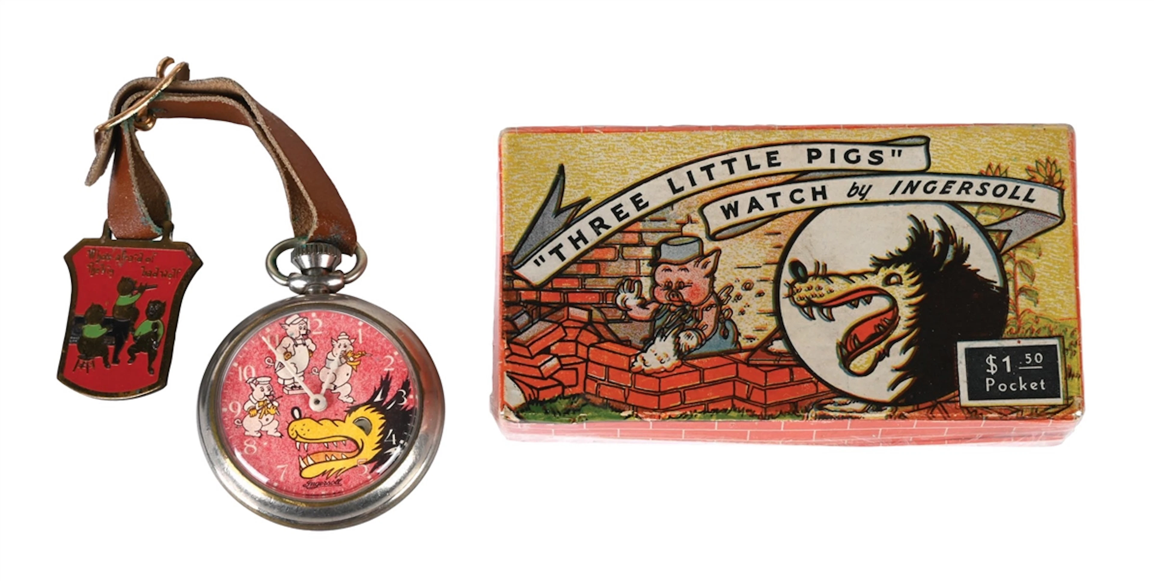 INGERSOLL 1934 THREE LITTLE PIGS & BIG BAD WOLF POCKET WATCH W/ ORIGINAL BOX