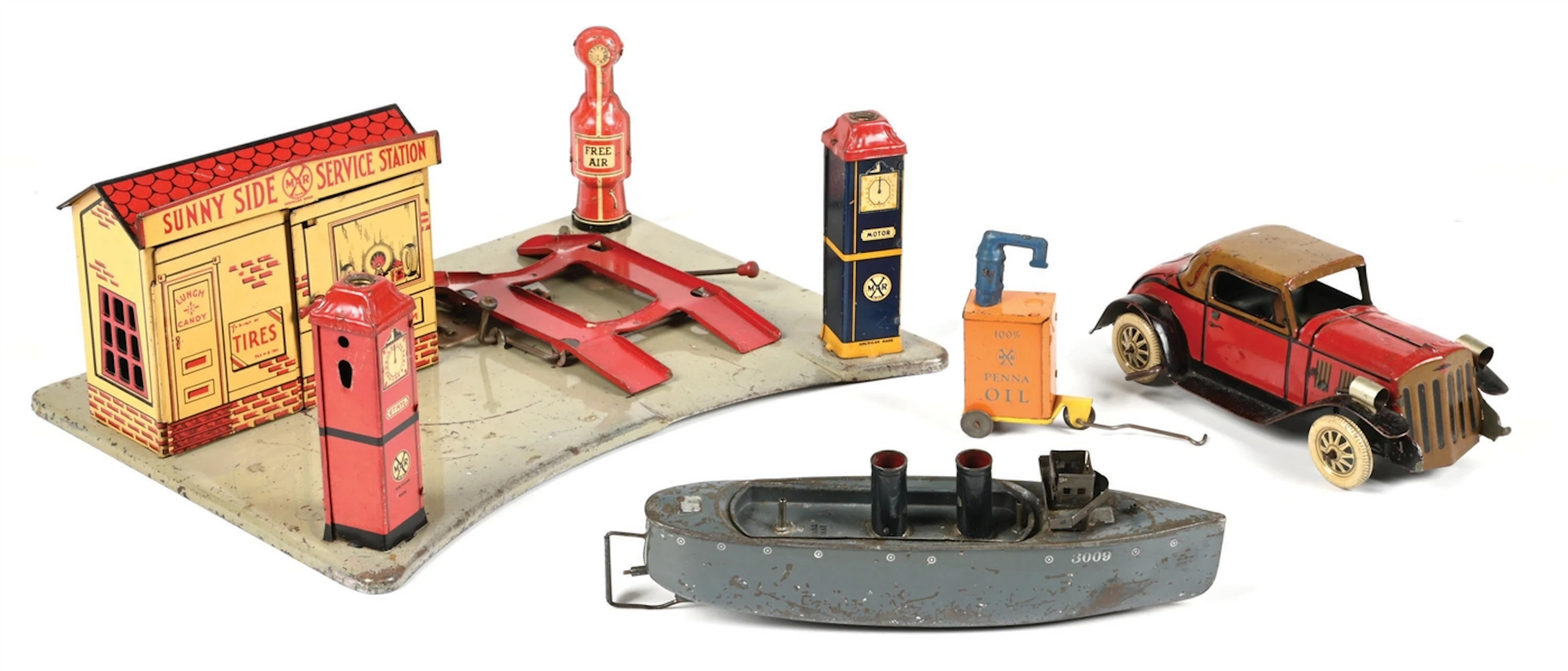 LOT OF 2: MARX SUNNY SIDE SERVICE STATION W/ CAR & 4 OIL PUMPS, IVES 3009 SHIP