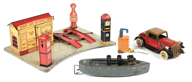 LOT OF 2: MARX SUNNY SIDE SERVICE STATION W/ CAR & 4 OIL PUMPS, IVES 3009 SHIP