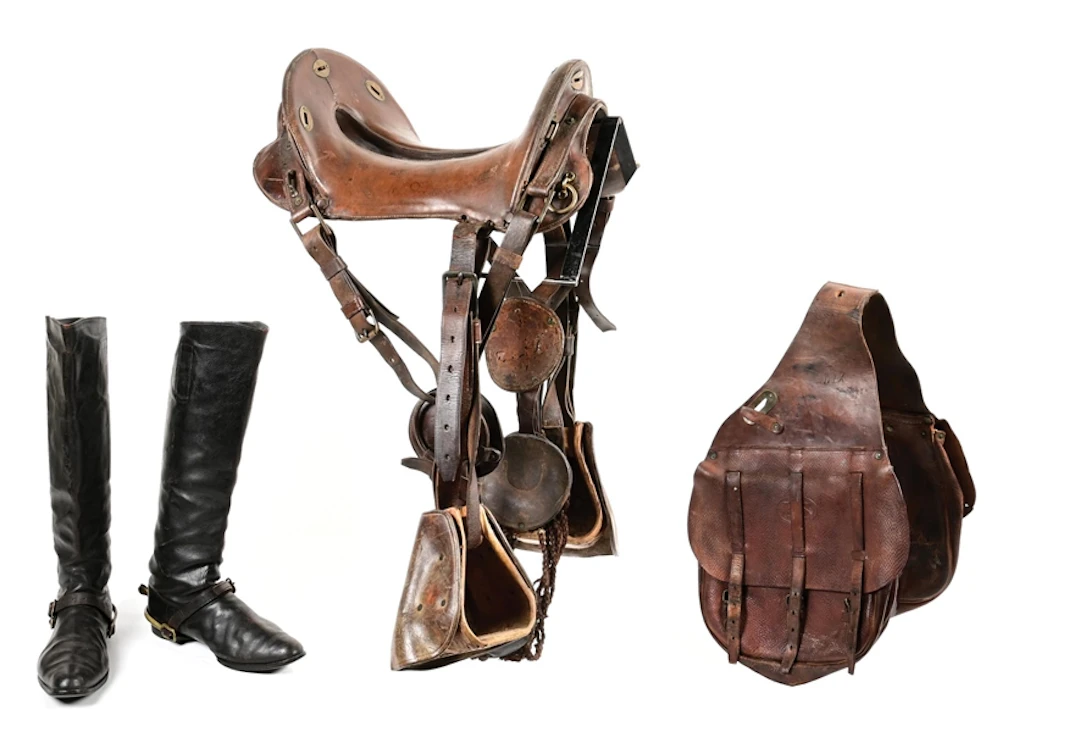 LOT OF 3: INDIAN WARS SADDLE, SADDLE BAGS, AND BOOTS.