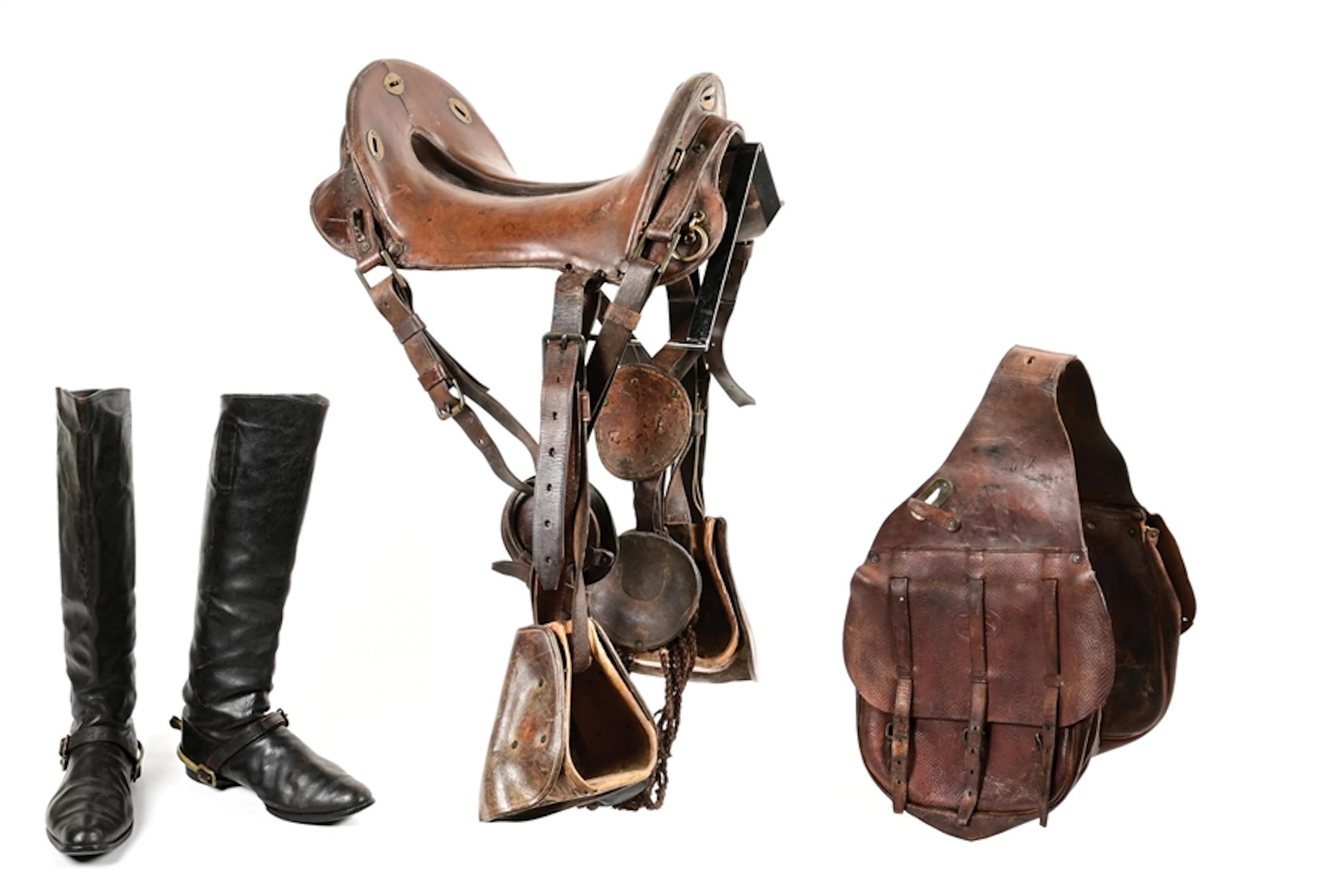 LOT OF 3: INDIAN WARS SADDLE, SADDLE BAGS, AND BOOTS.