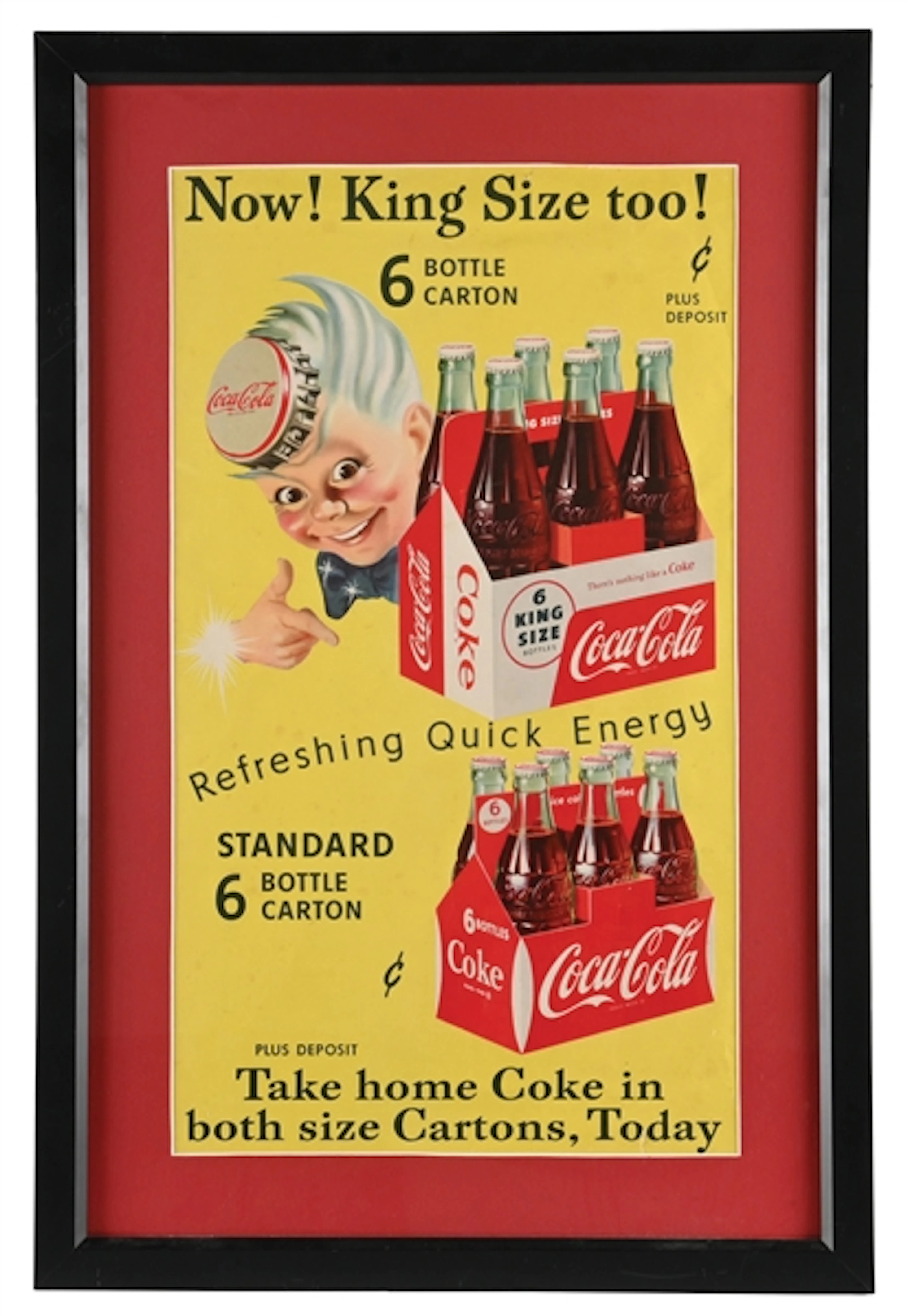 NOW! KING SIZE TOO! FRAMED COCA-COLA ADVERTISING SIGN W/ SPRITEBOY GRAPHIC.