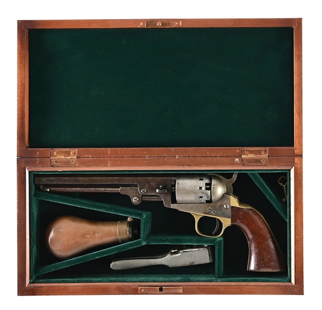 (A) CASED MANHATTAN NAVY PERCUSSION REVOLVER.
