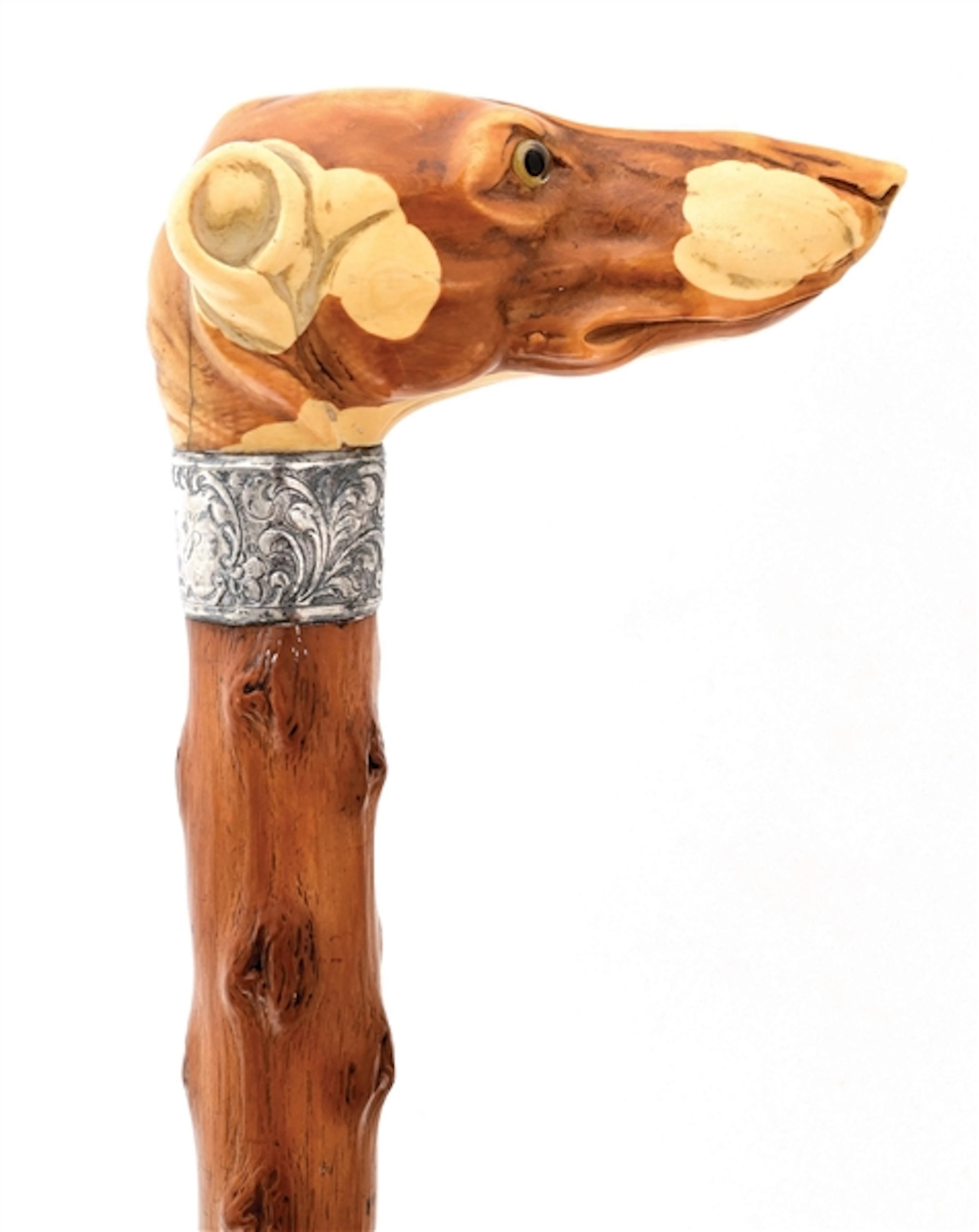 WALKING STICK W/ FINELY CARVED IVORY DOG HEAD HANDLE W/ GLASS EYES