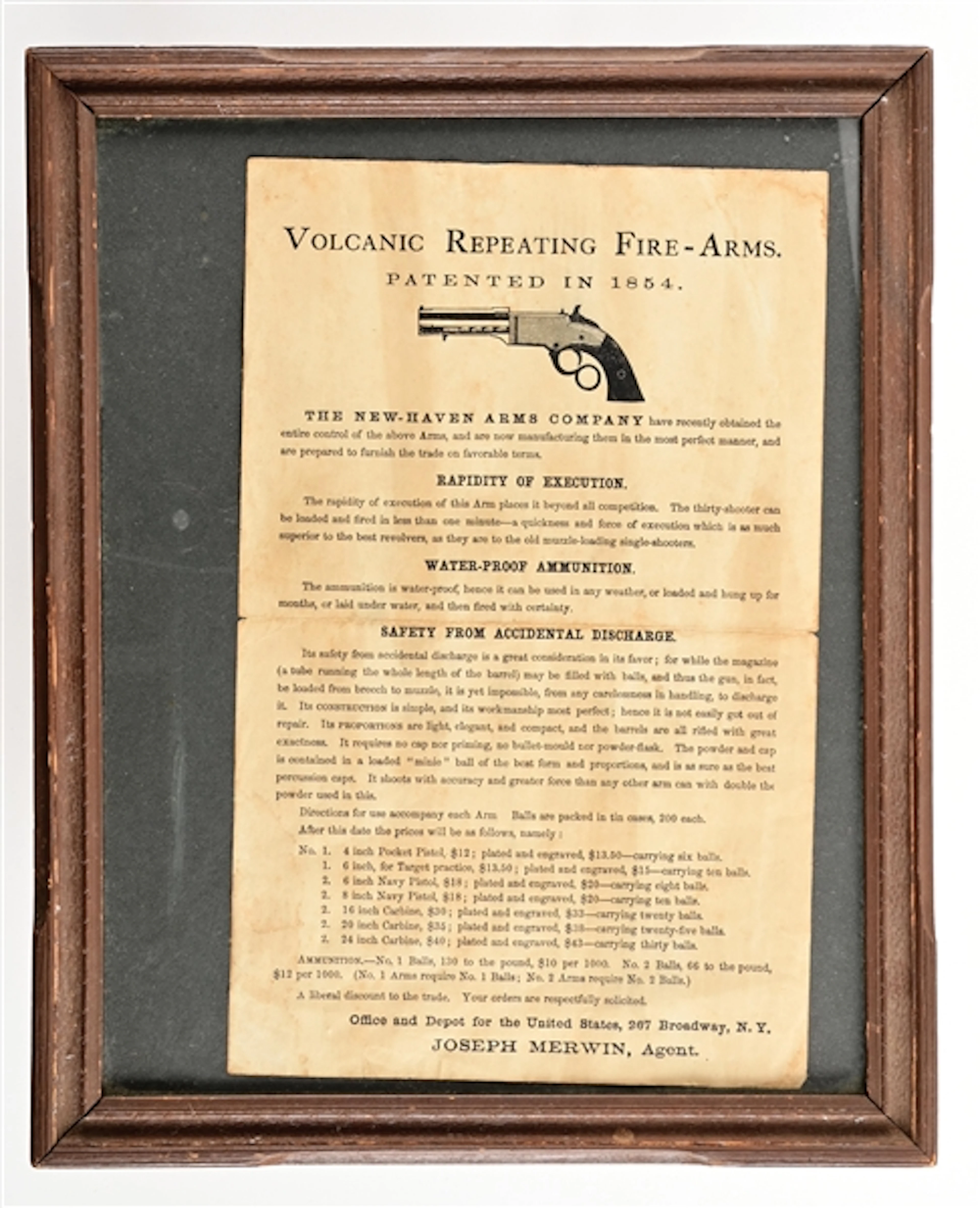 VINTAGE FRAMED VOLCANIC REPEATING FIRE-ARMS BROADSIDE.