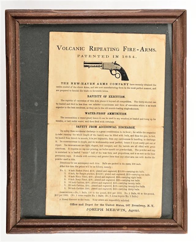 VINTAGE FRAMED VOLCANIC REPEATING FIRE-ARMS BROADSIDE.