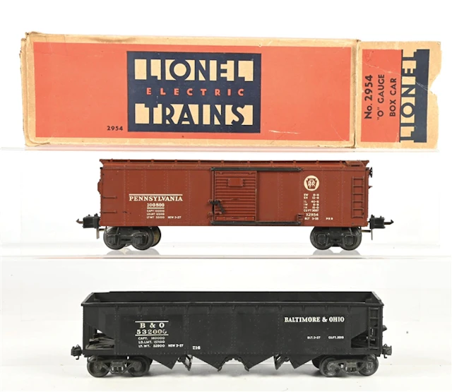 LIONEL PRE WAR O. GAUGE NO. 2954 BOX CAR AND A NO. 716 B&O HOPPER