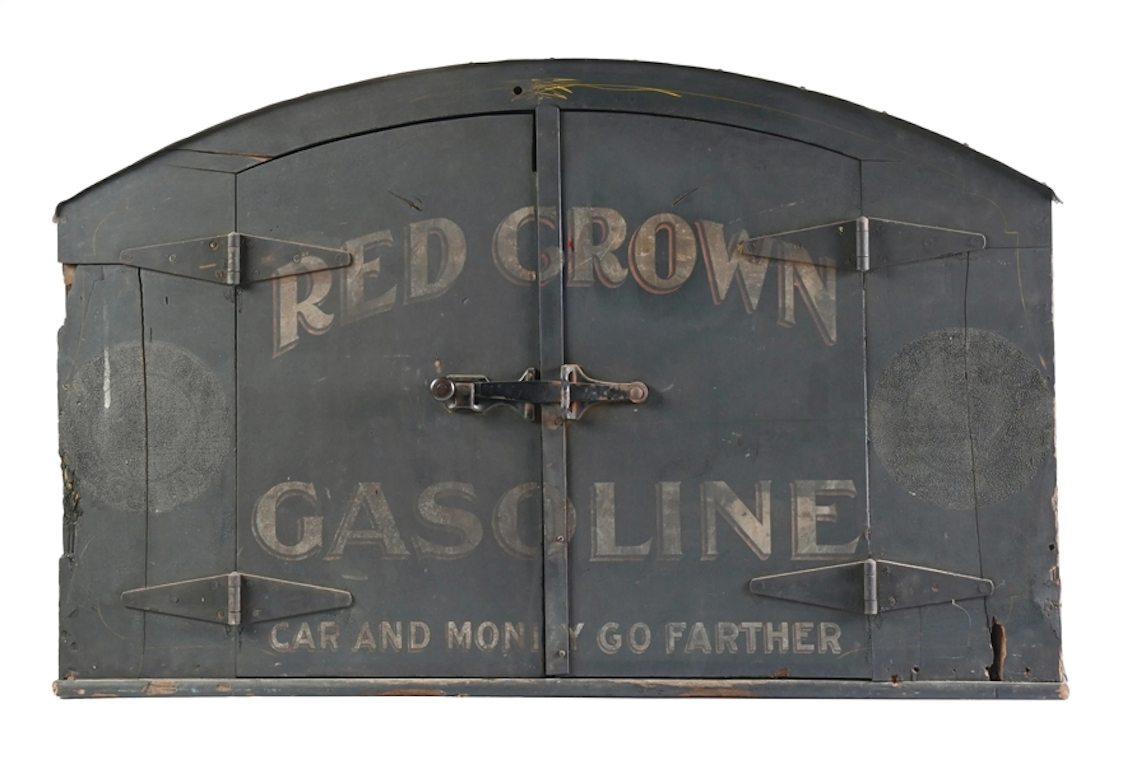 OUTSTANDING RED CROWN GASOLINE WOODEN HORSE DRAWN WAGON OIL STORAGE CABINET.