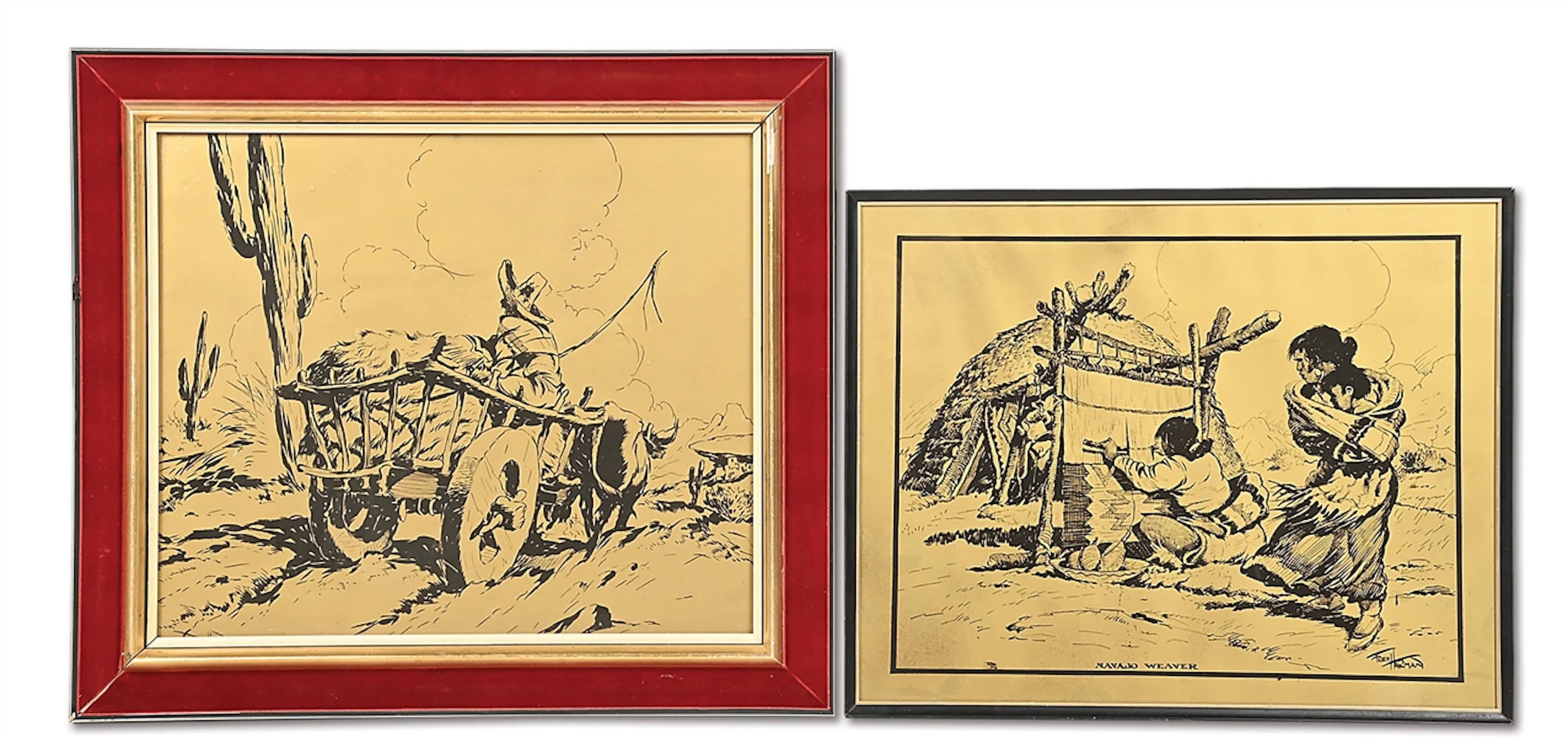LOT OF 2: FRED HARMAN (1902-1982) ETCHINGS ON GOLD-BACKED VELLUM SHEET