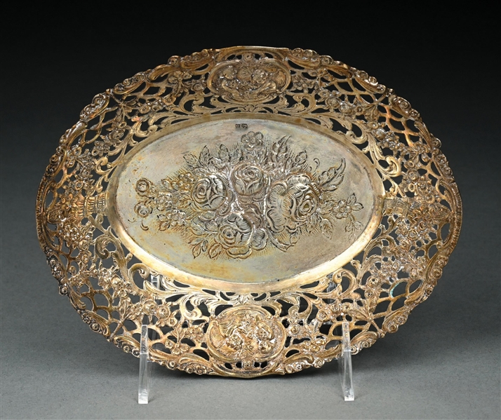 GERMAN .800 SILVER REPOUSSE FLORAL MOTIF PIERCED BREAD BASKET