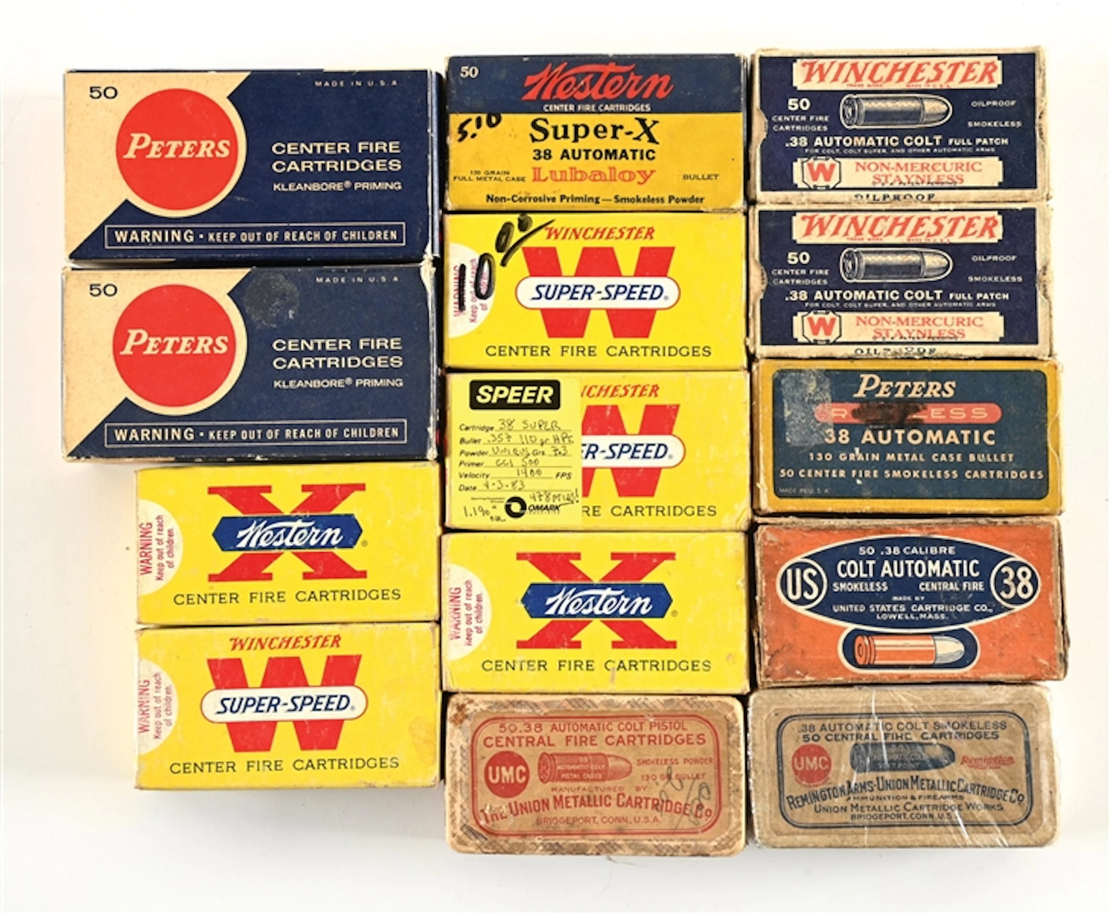 LOT (13) BOXES OF .38 AUTO AND .38 SUPER AMMUNITION.