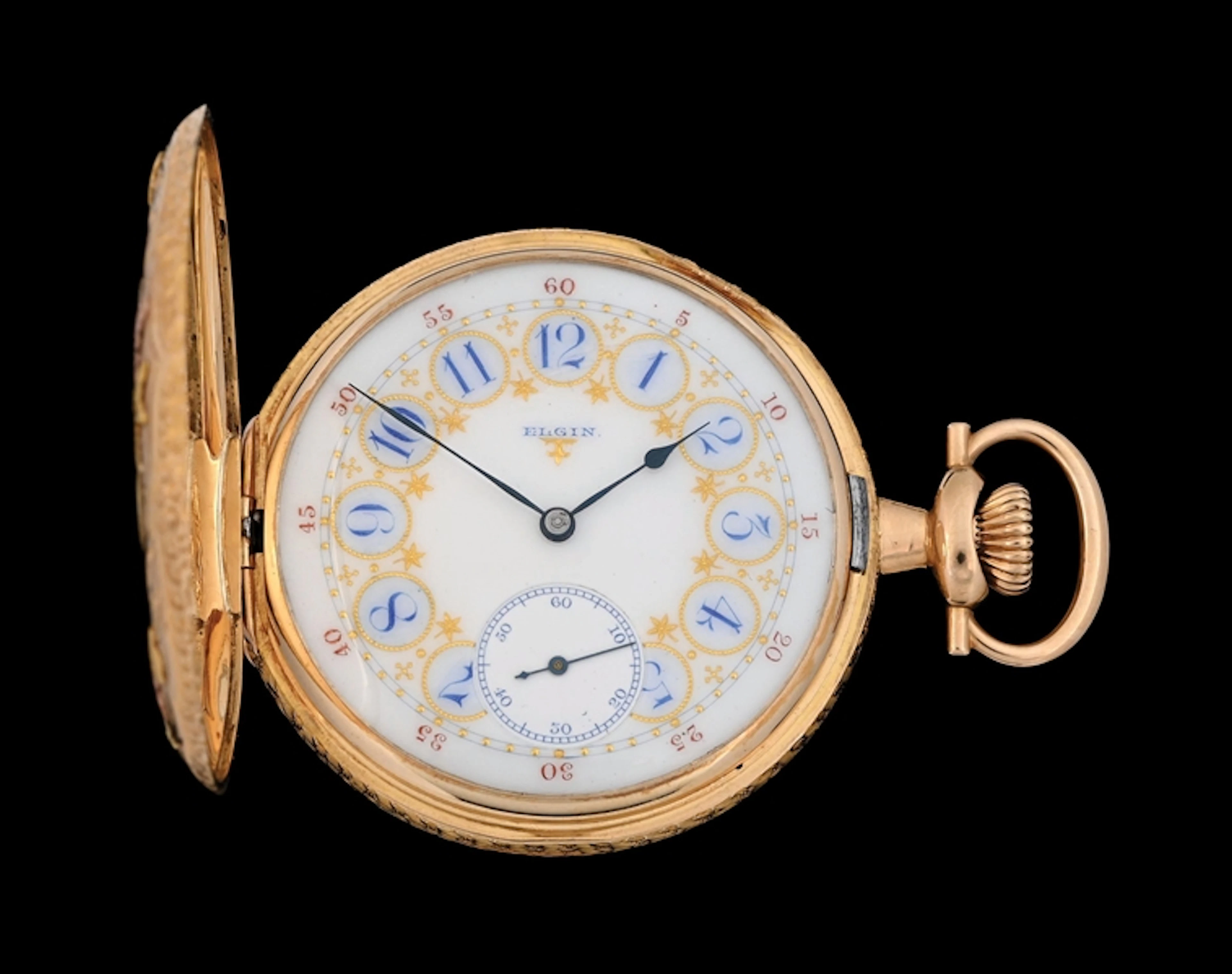 14K GOLD ELGIN 381 MULTICOLOR H/C POCKET WATCH W/BIRDS C. 1910