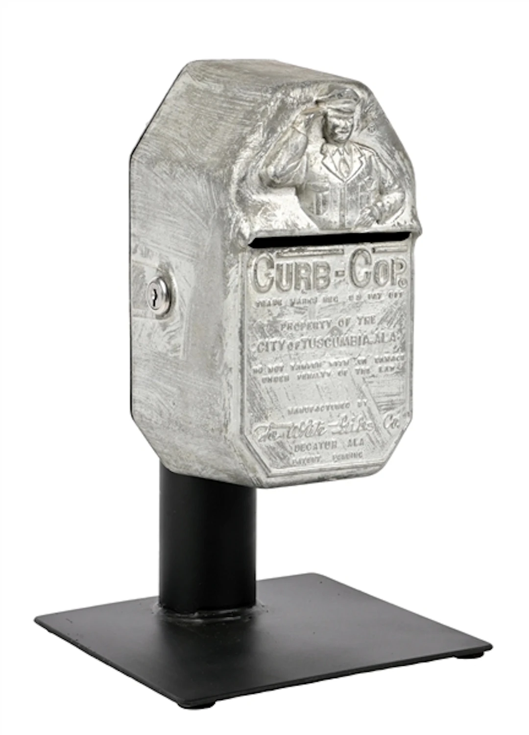 CURB-COP N.O.S. PARKING METER CAST METAL COIN BOX ON CUSTOM METAL STAND.