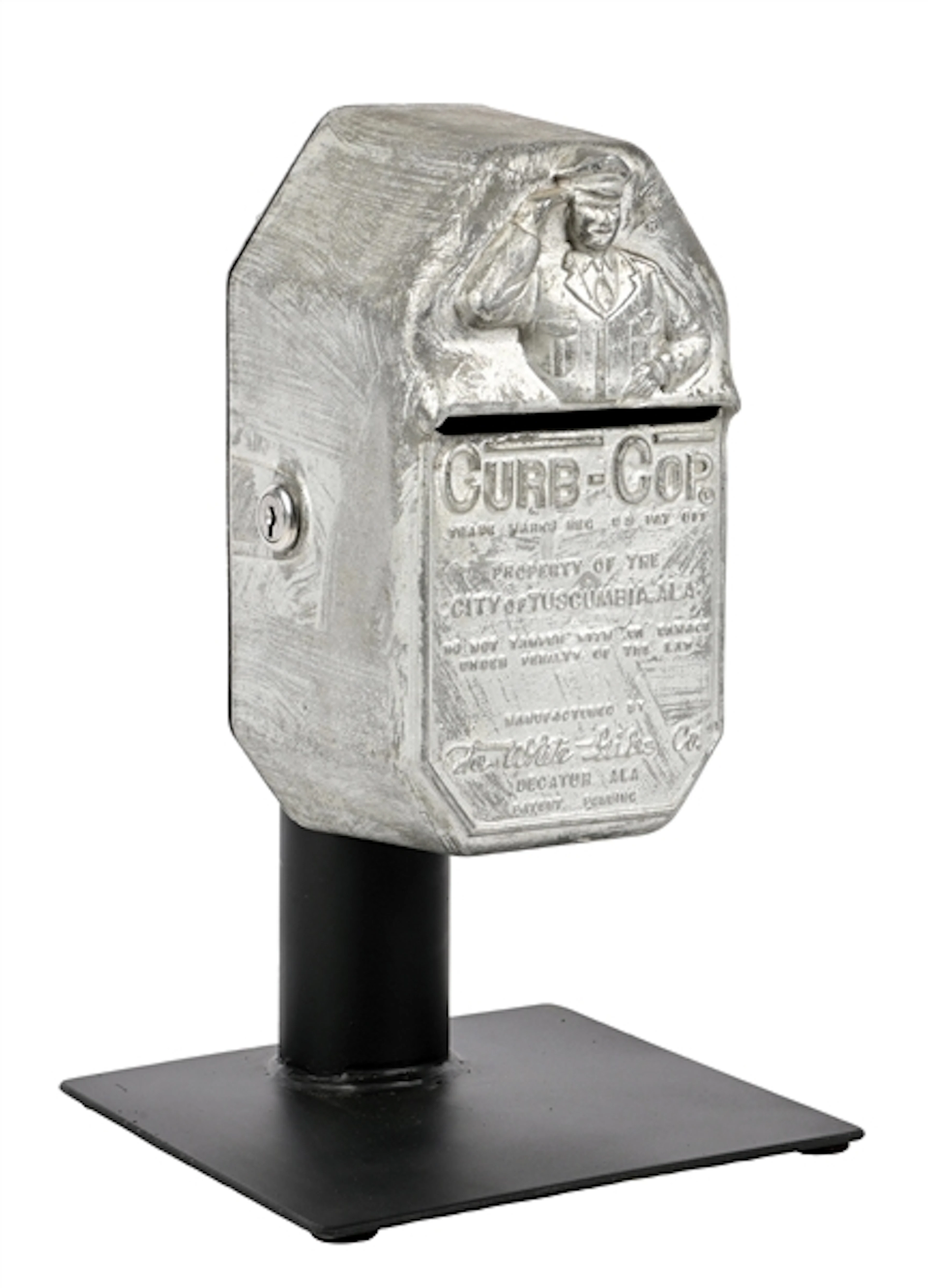 CURB-COP N.O.S. PARKING METER CAST METAL COIN BOX ON CUSTOM METAL STAND.