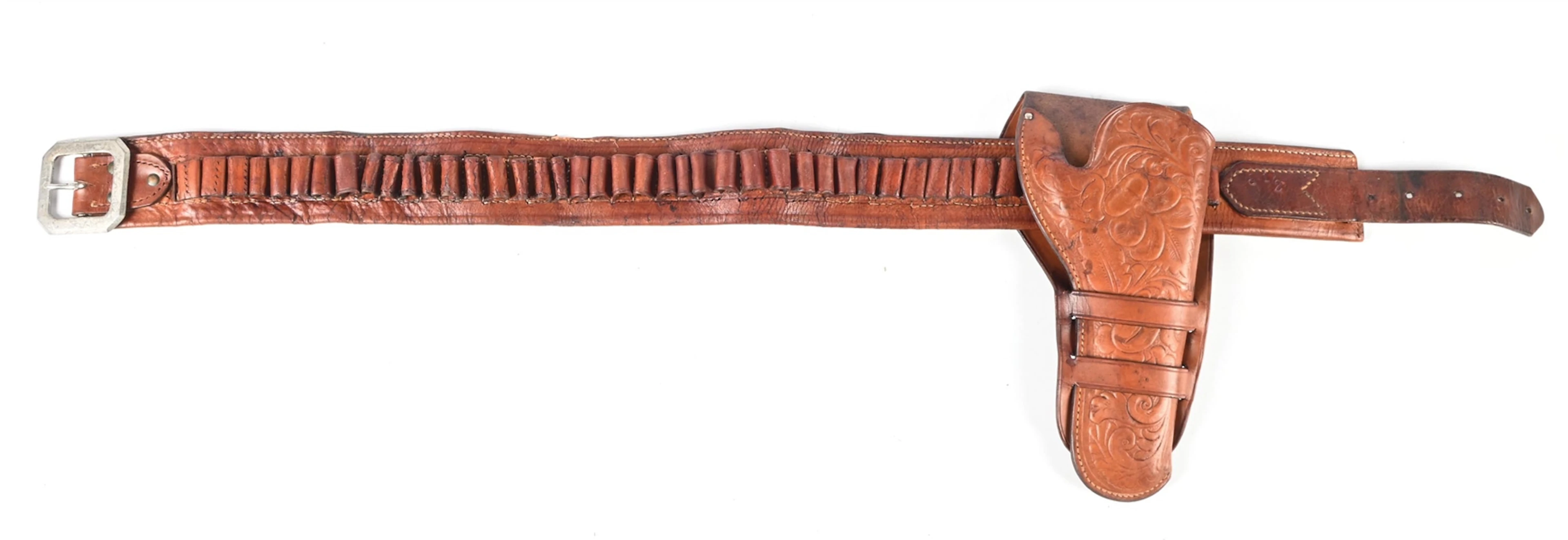 ANTIQUE RUSSET LEATHER HAND TOOLED HOLSTER, CARTRIDGE BELT RIG.