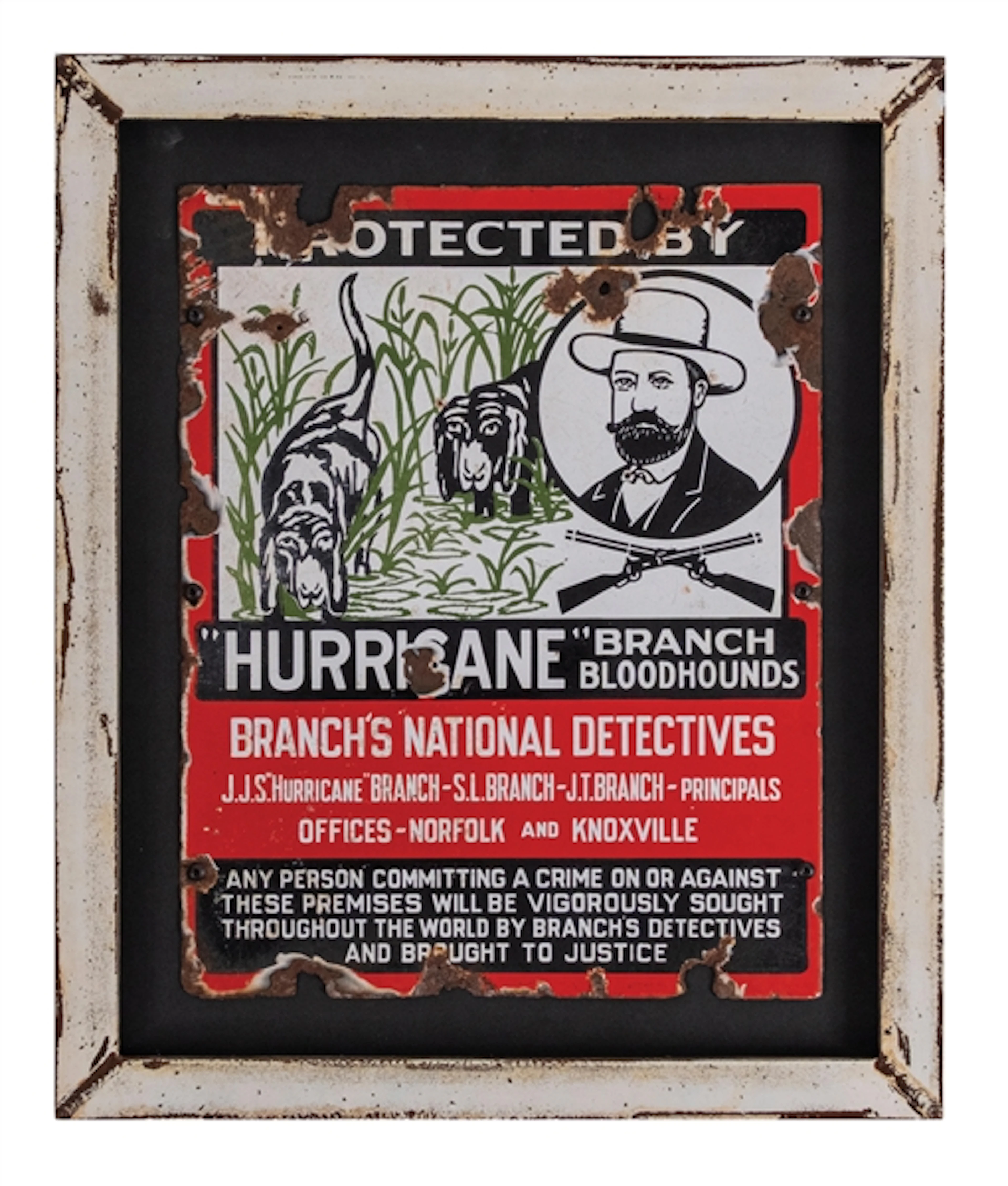 FRAMED RARE PORCELAIN BRANCH'S NATIONAL DETECTIVES SIGN