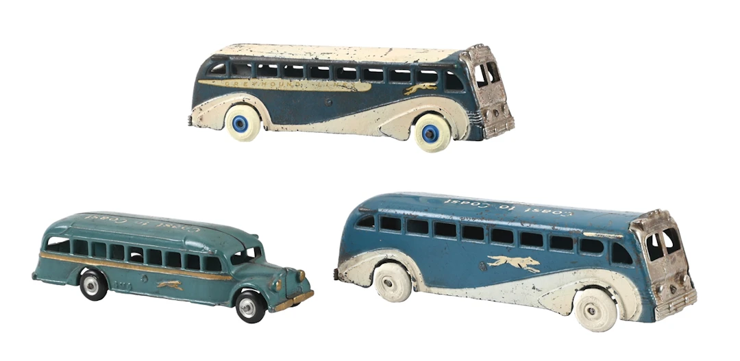 LOT OF 3: ARCADE MFG. CO. CAST IRON COAST TO COAST GREYHOUND BUSES