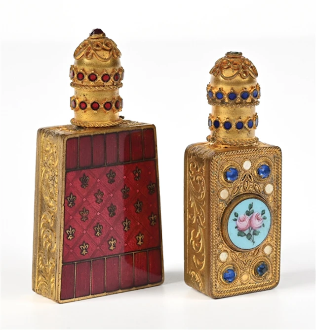 LOT OF 2: ORNATE CZECH PERFUME BOTTLES WITH GOLD-TONE METALWORK