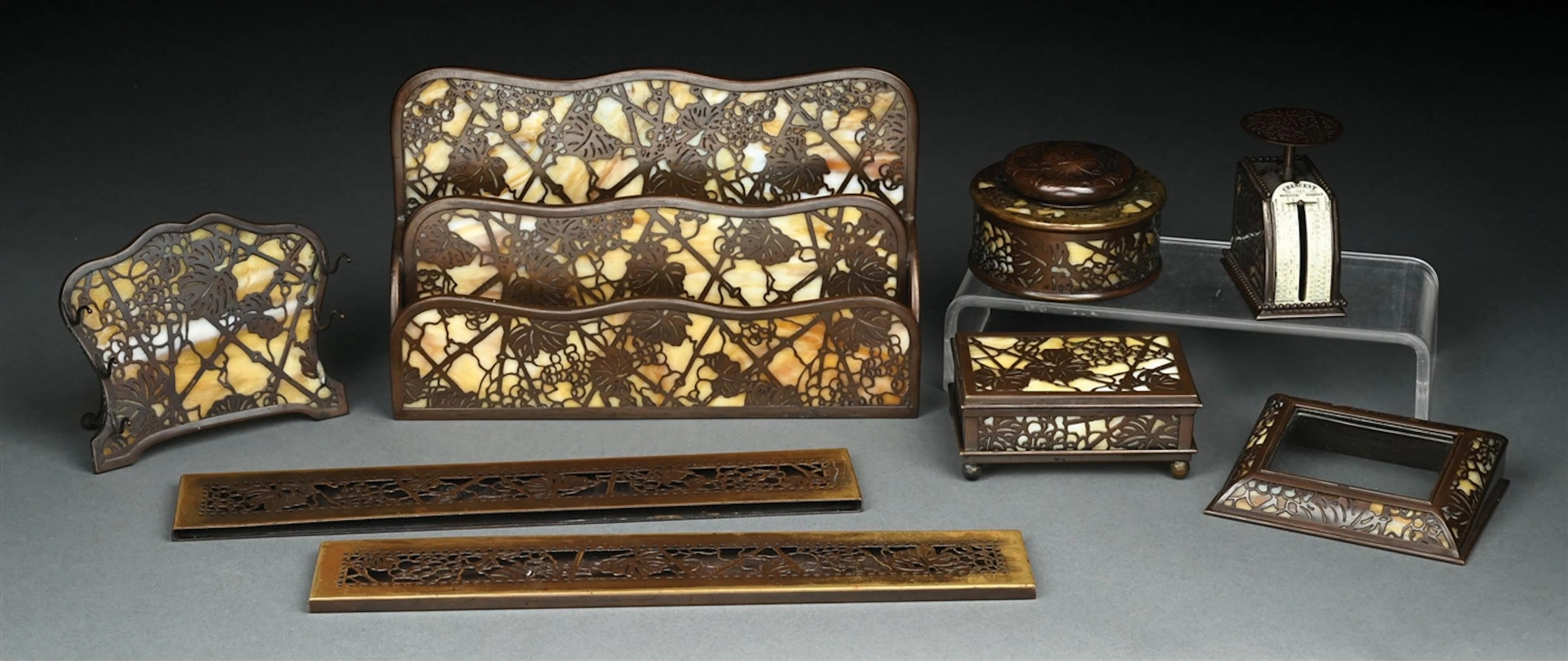 COLLECTION OF 8: TIFFANY STUDIOS GRAPEVINE DESK SET