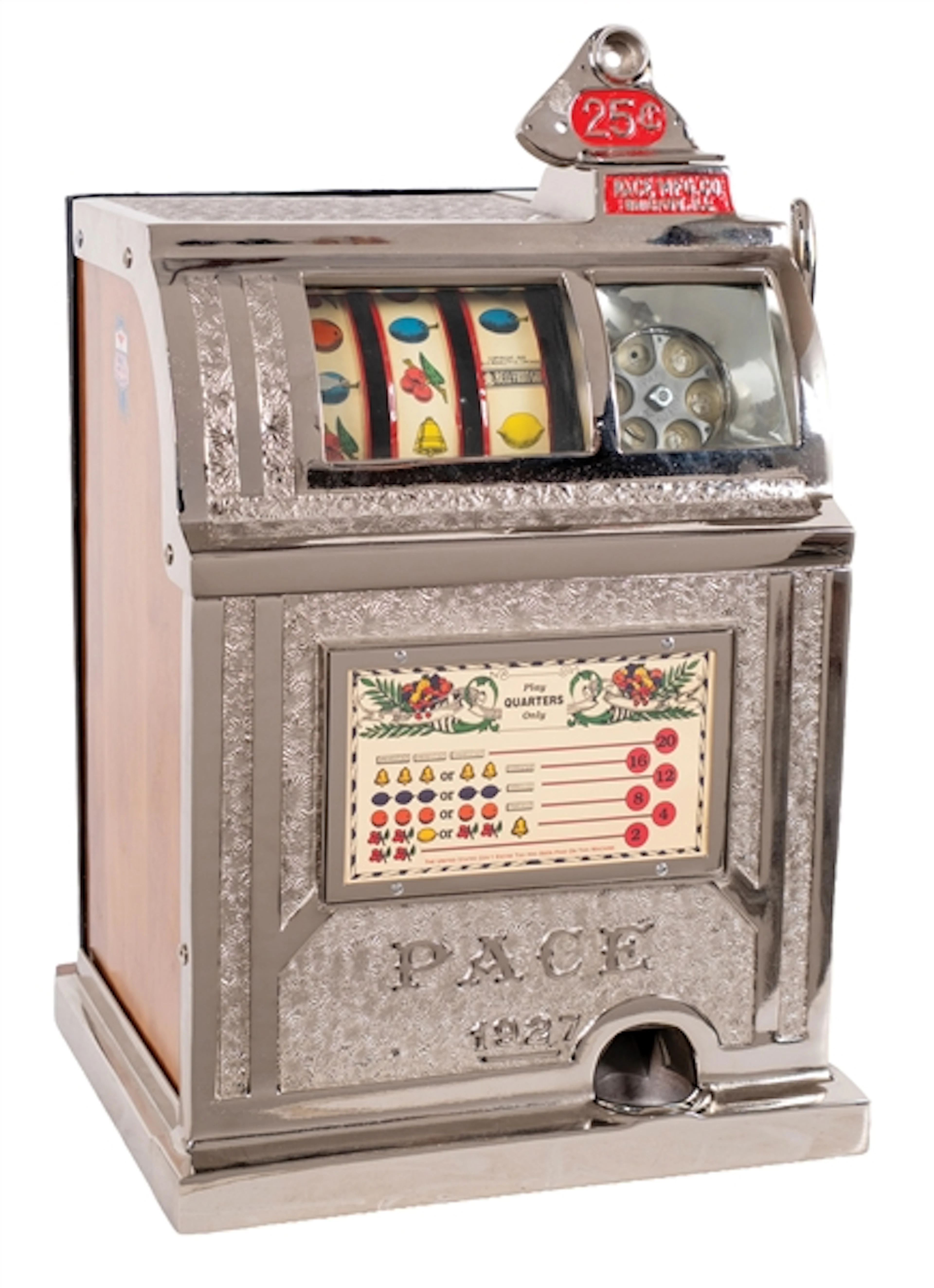 25¢ PACE "1927" SLOT MACHINE WITH SLOT COVER SILVER QUARTERS