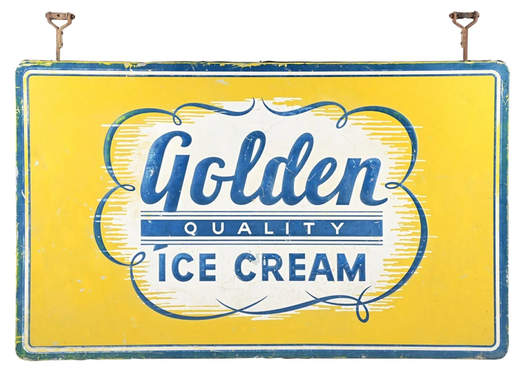 GOLDEN QUALITY ICE CREAM DOUBLE SIDED EMBOSSED PORCELAIN SIGN WITH HANGERS