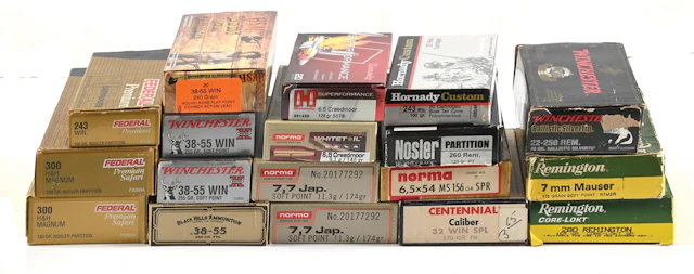 LOT OF 17 FULL BOXES OF CRISP COMMERCIAL AMMUNITION.