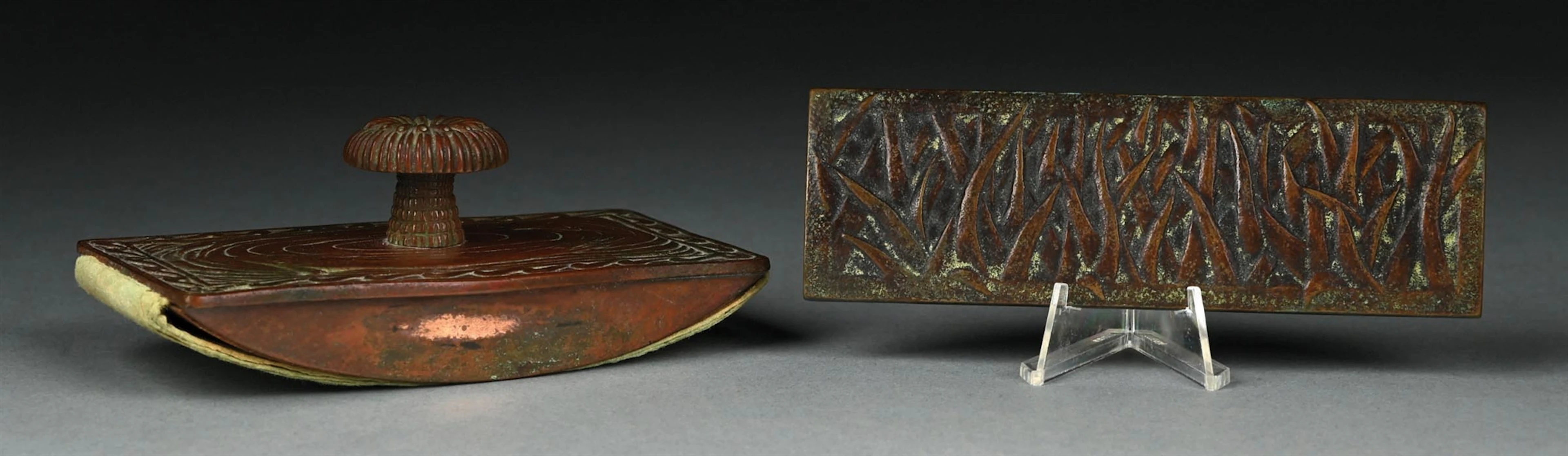 COLLECTION OF 2: TIFFANY STUDIOS BRONZE ROCKER BLOTTER & PAPERWEIGHT