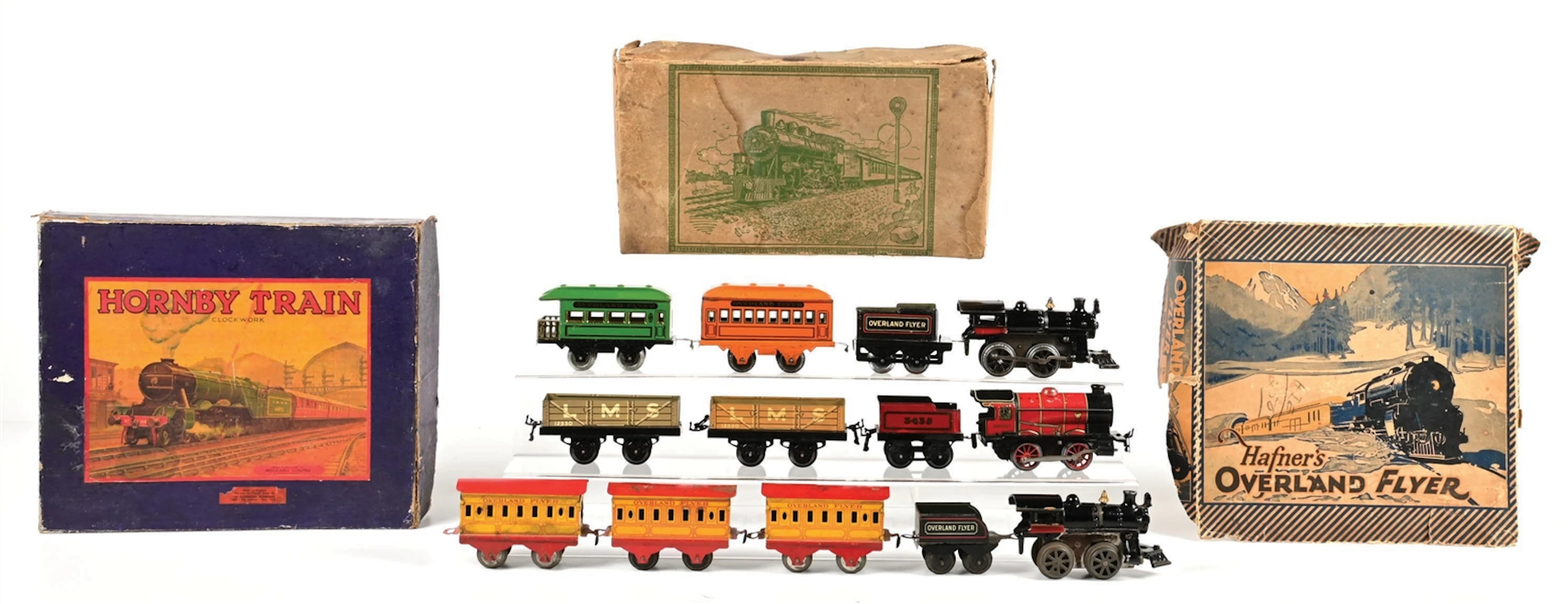 LOT OF 3: PRE-WAR O-GA. HAFNER OVERLAND FLYER & HORNBY WIND-UP PASSENGER
