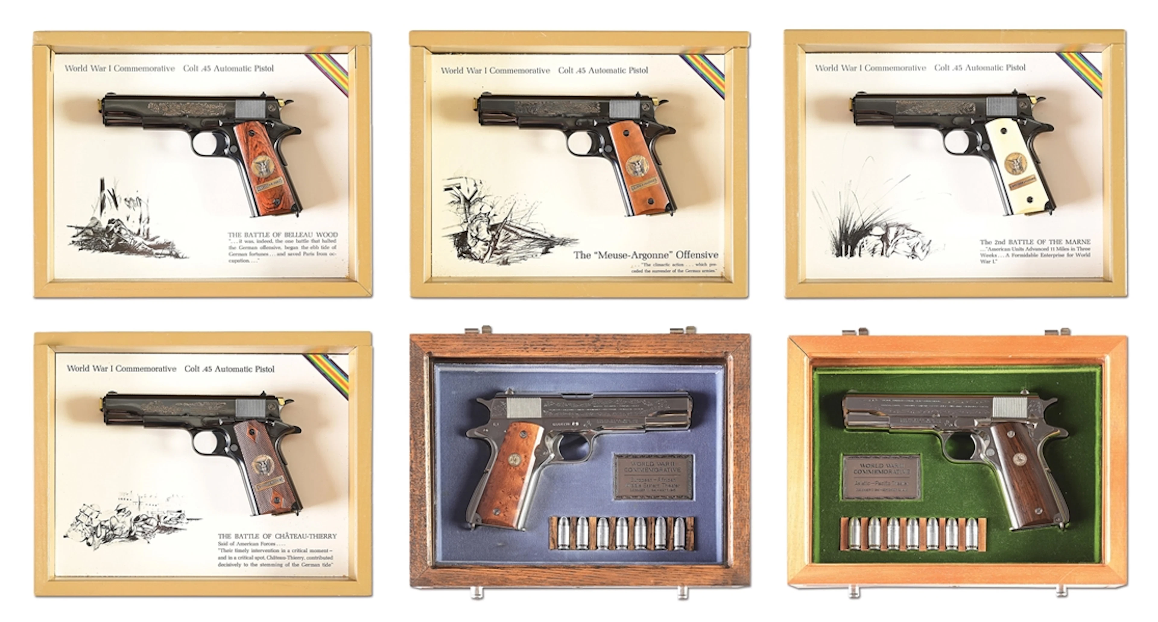 LOT OF 6: COMPLETE SET OF COLT WWI AND WWII COMMEMORATIVE 1911 SEMI-AUTOMATIC