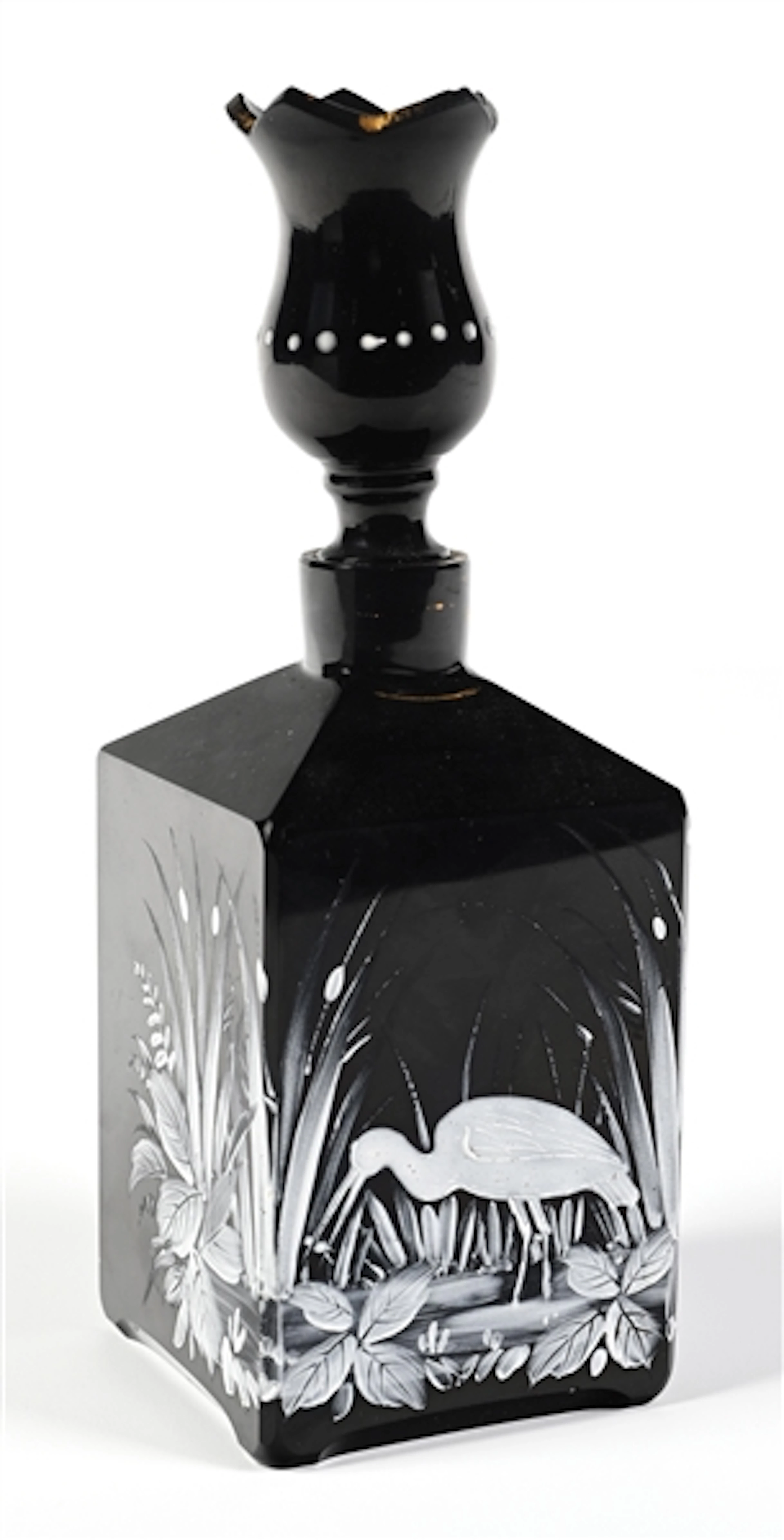 MARY GREGORY MOSER HARRACH BLACK PERFUME/DECANTER WITH GREENERY & EGRET PATTERN